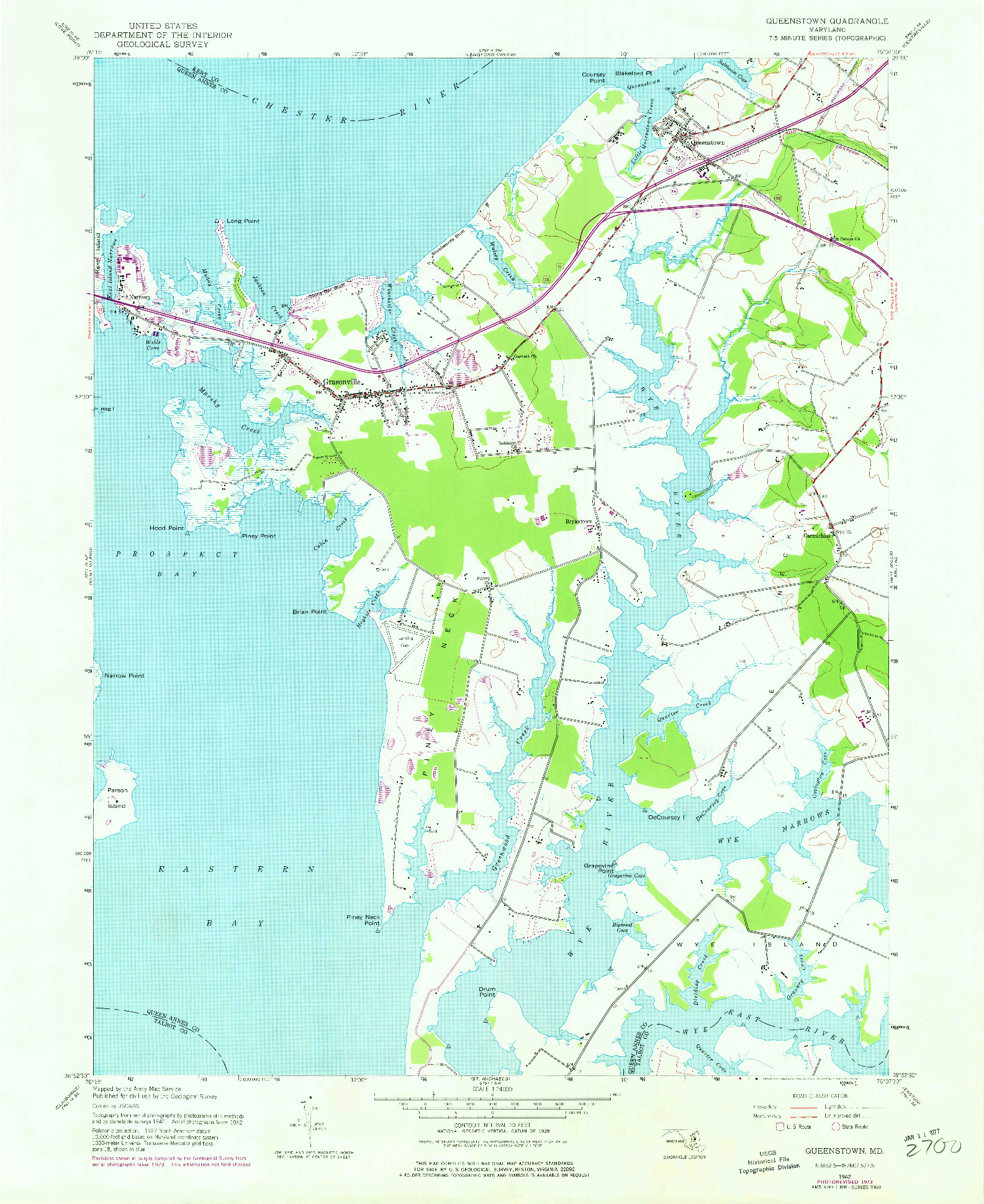 USGS 1:24000-SCALE QUADRANGLE FOR QUEENSTOWN, MD 1942