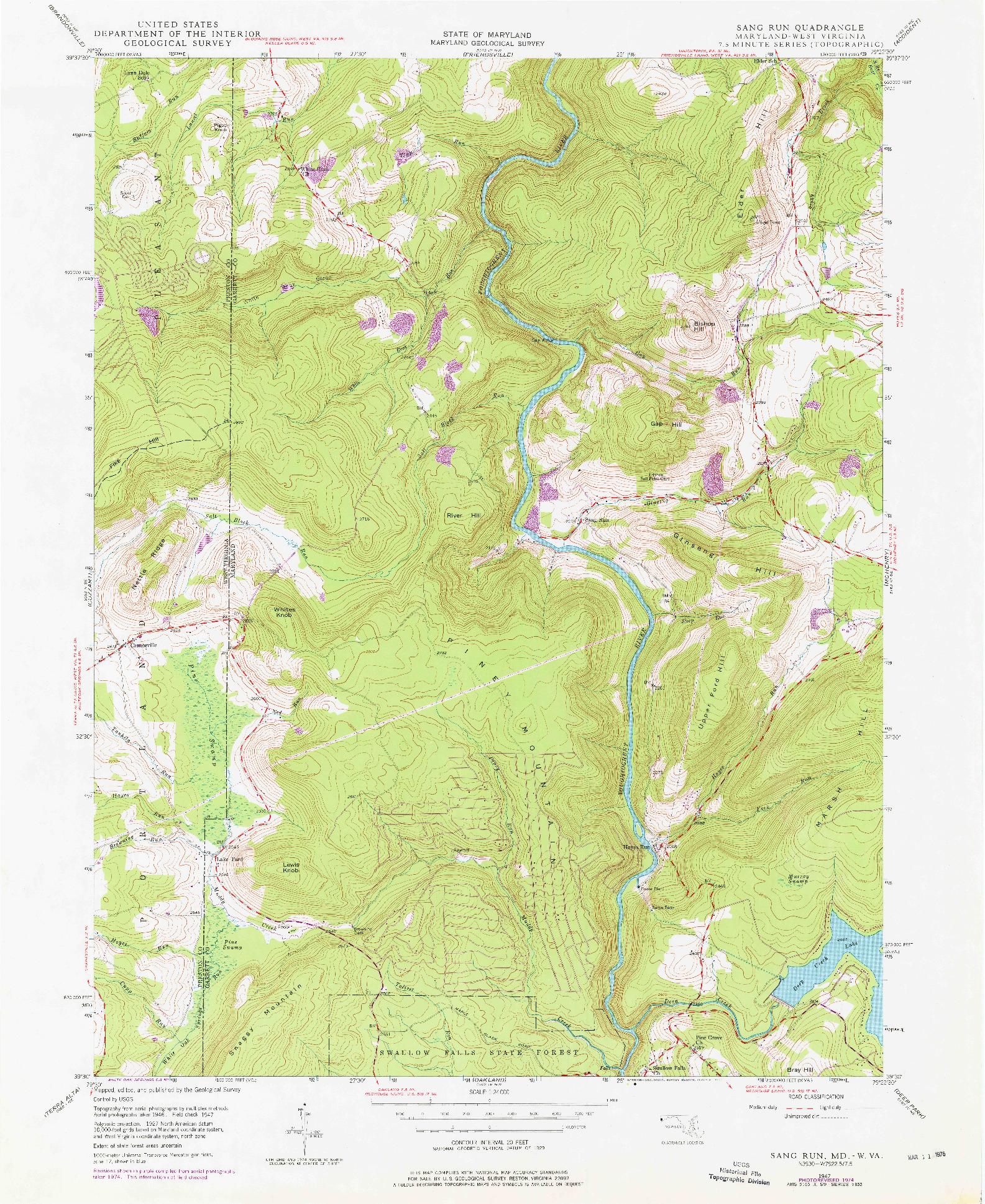 USGS 1:24000-SCALE QUADRANGLE FOR SANG RUN, MD 1947