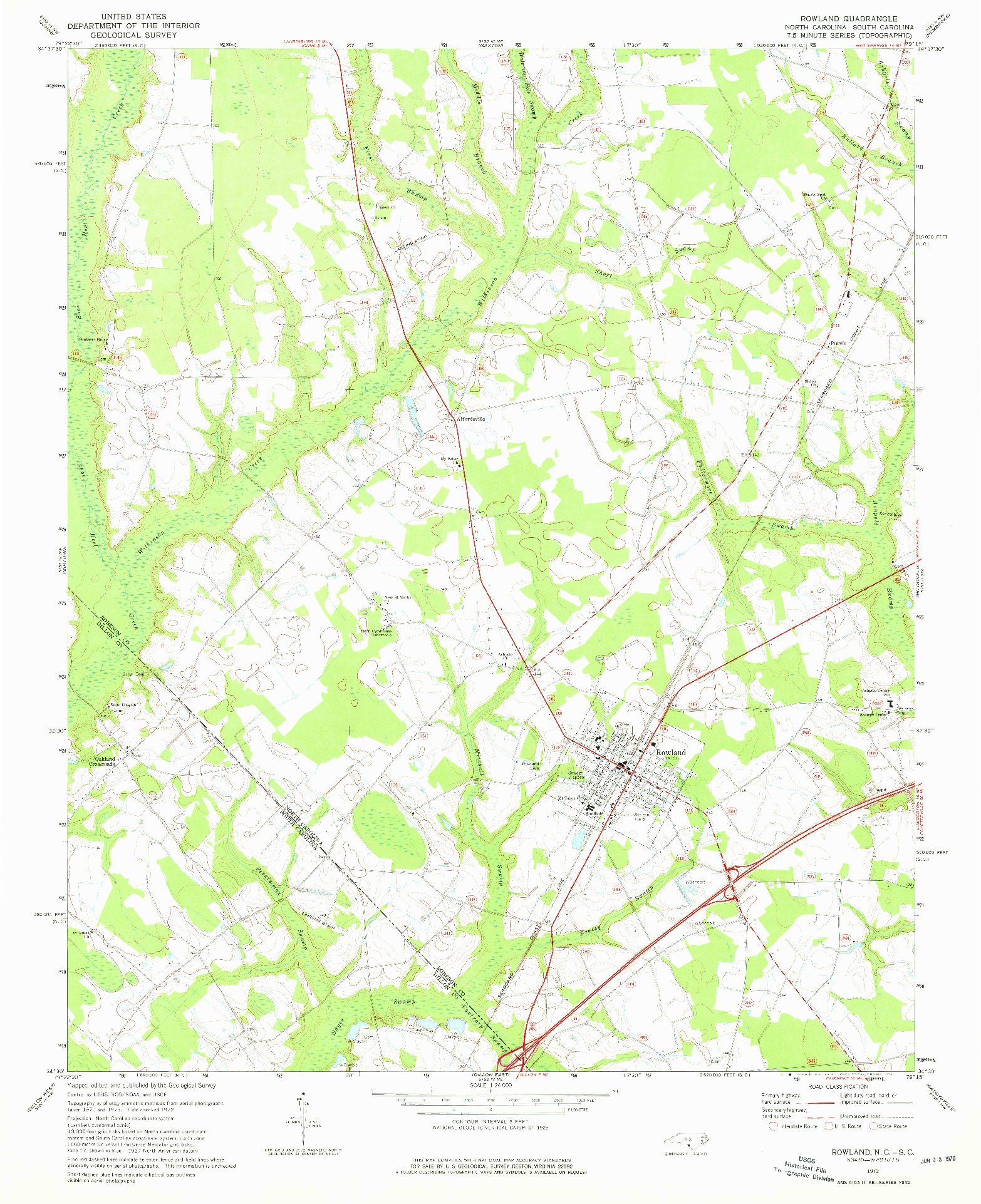 USGS 1:24000-SCALE QUADRANGLE FOR ROWLAND, NC 1972