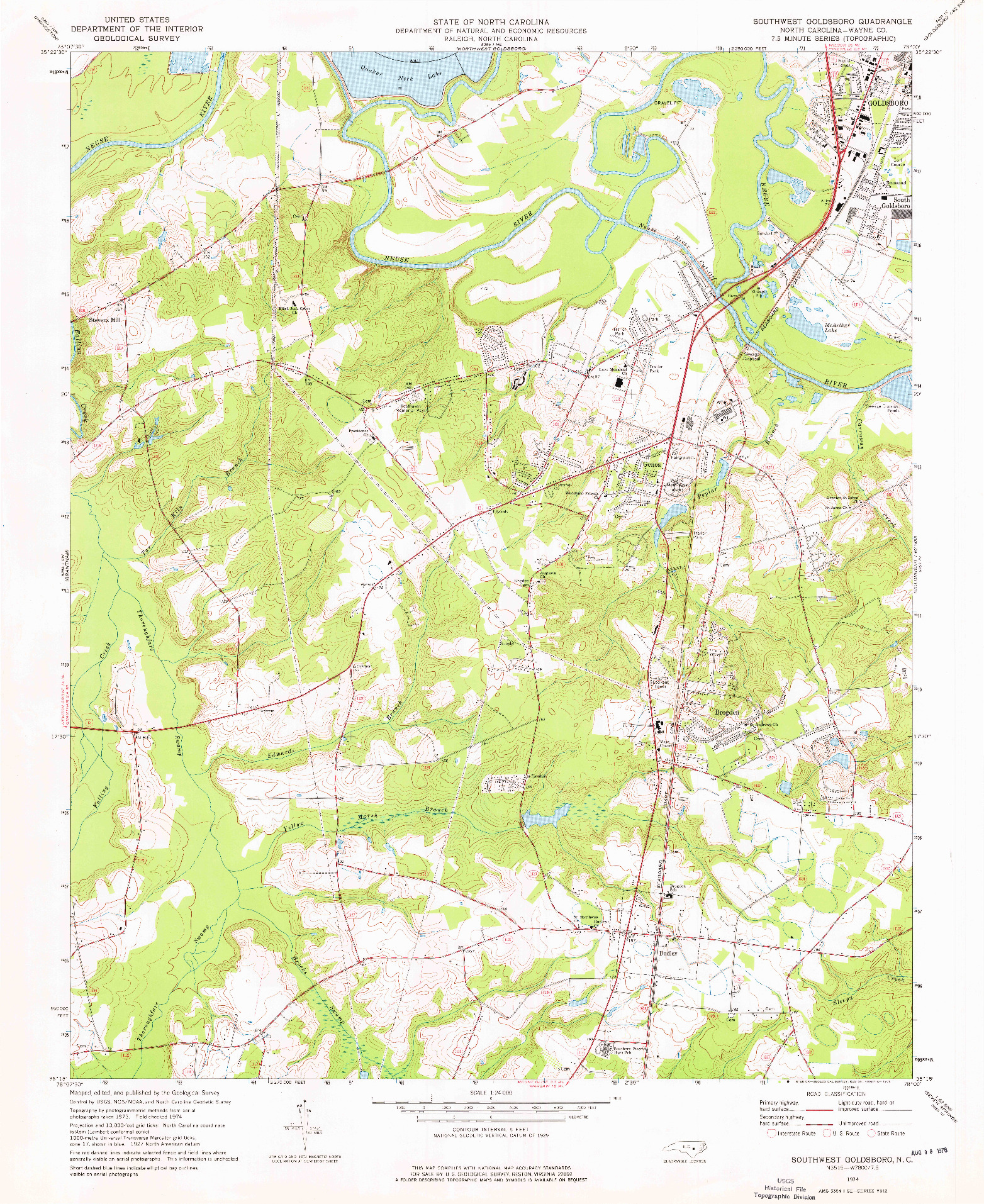 USGS 1:24000-SCALE QUADRANGLE FOR SOUTHWEST GOLDSBORO, NC 1974