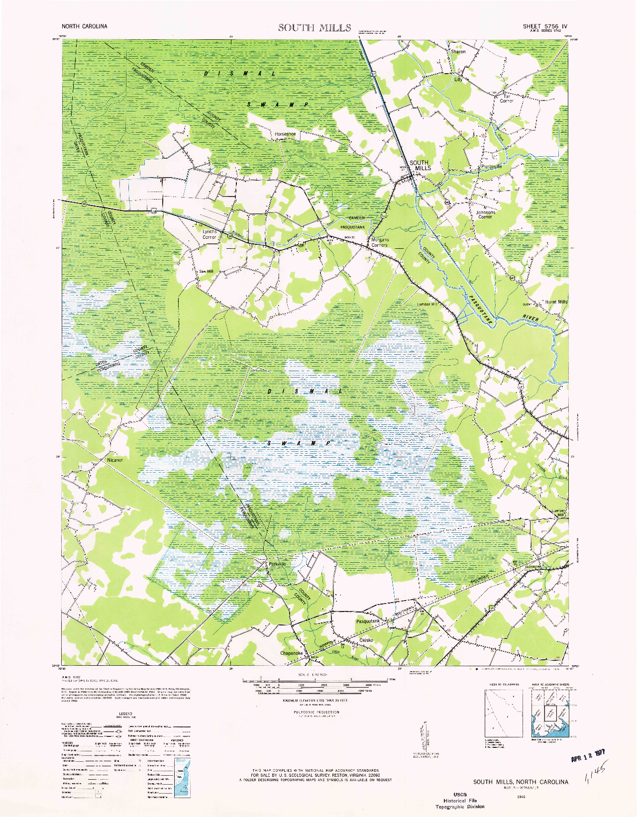 USGS 1:62500-SCALE QUADRANGLE FOR SOUTH MILLS, NC 1940