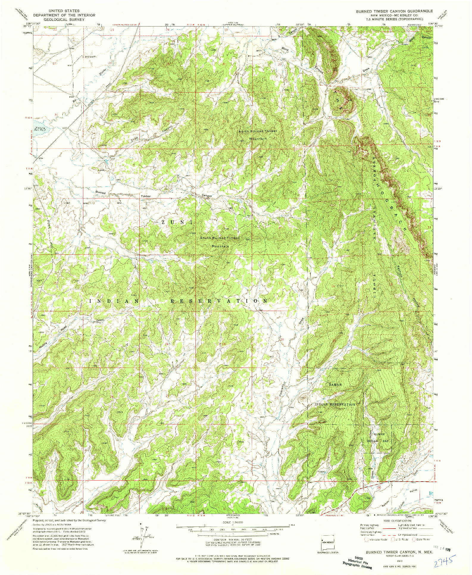 USGS 1:24000-SCALE QUADRANGLE FOR BURNED TIMBER CANYON, NM 1972