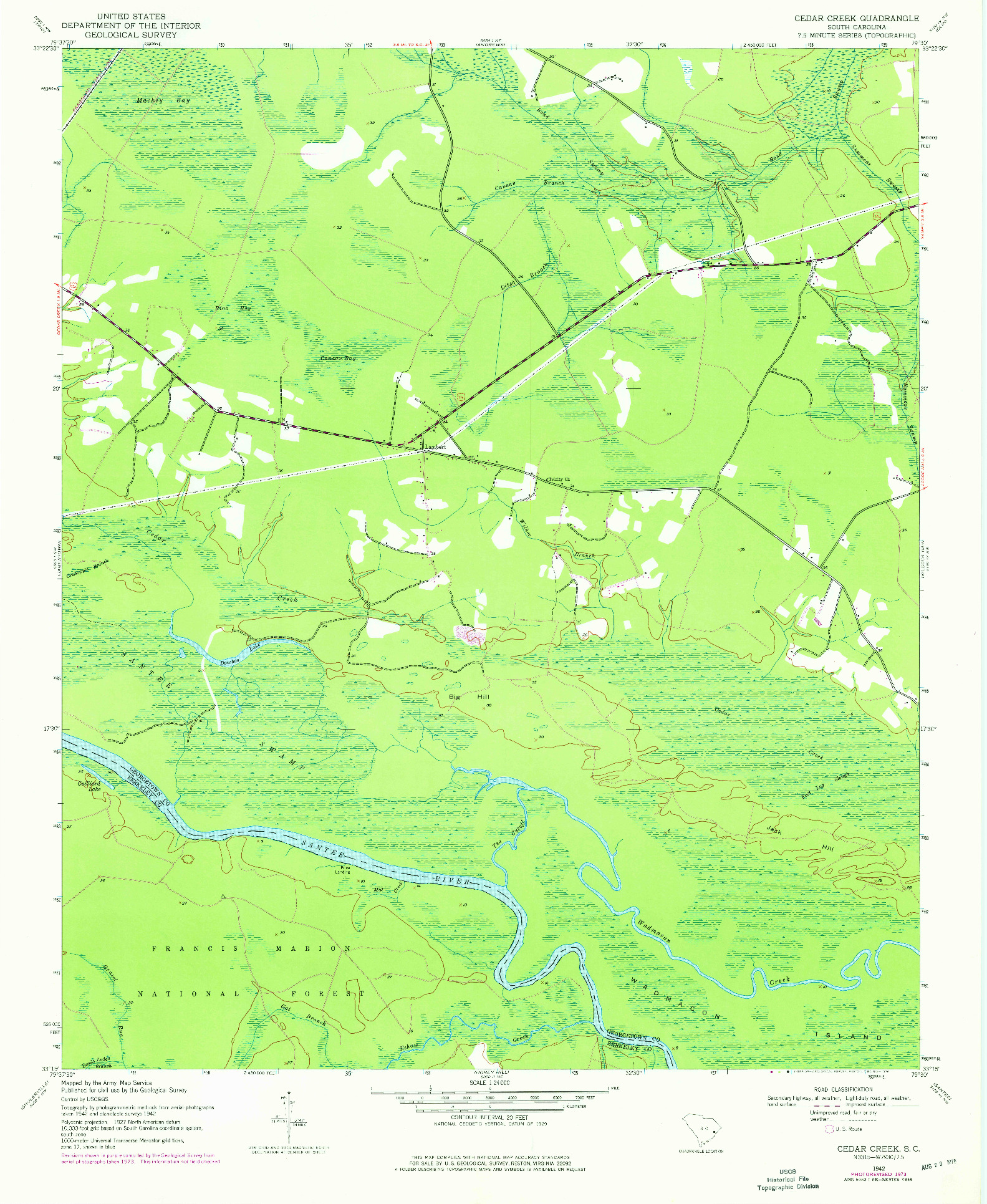 USGS 1:24000-SCALE QUADRANGLE FOR CEDAR CREEK, SC 1942