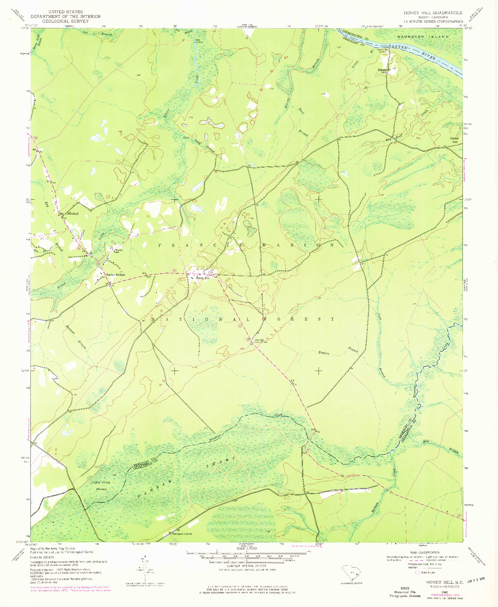 USGS 1:24000-SCALE QUADRANGLE FOR HONEY HILL, SC 1942