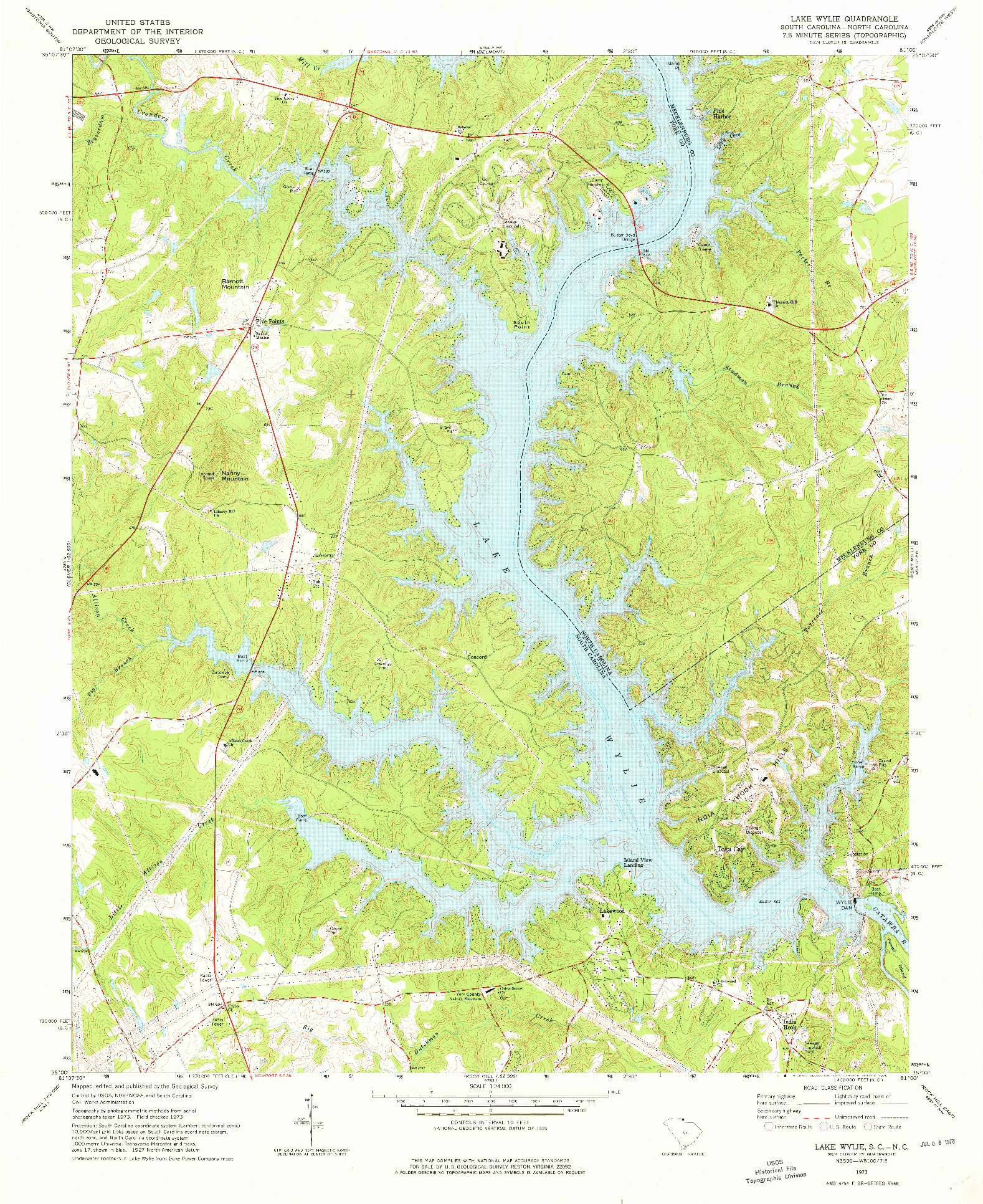 USGS 1:24000-SCALE QUADRANGLE FOR LAKE WYLIE, SC 1973