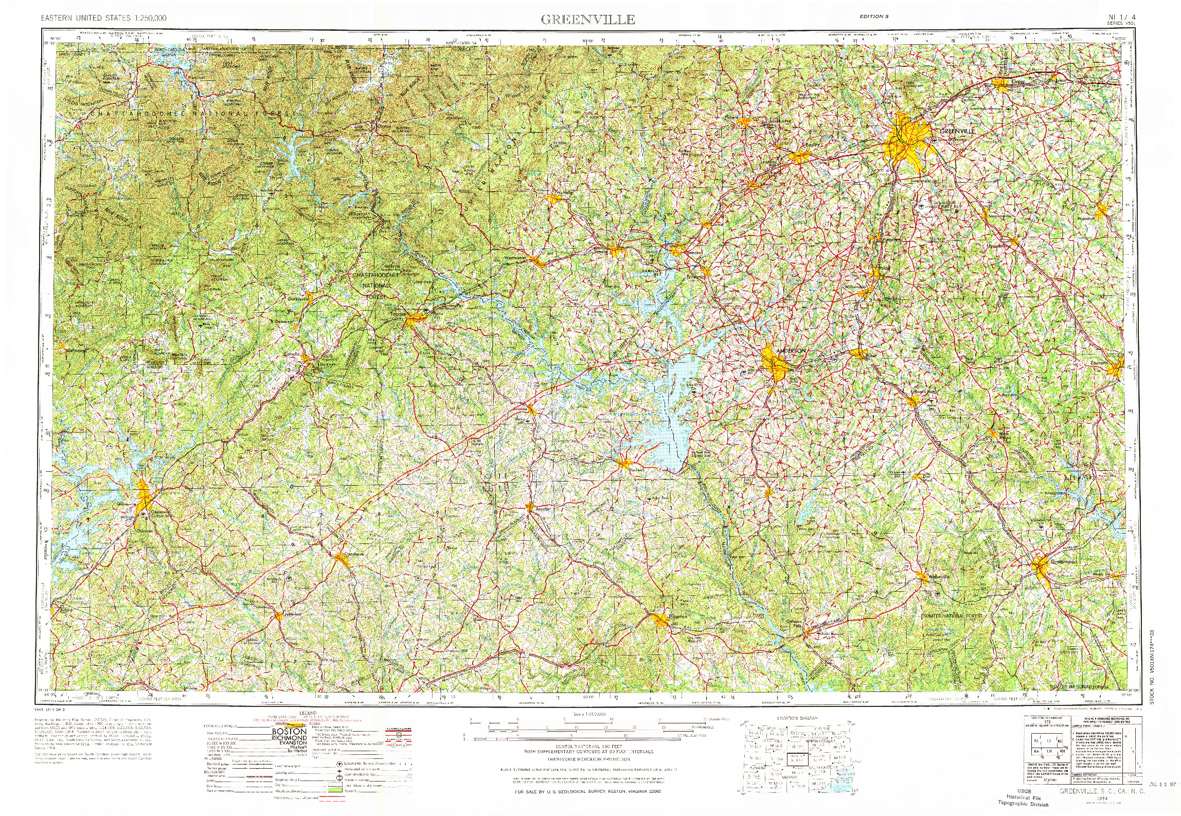 USGS 1:250000-SCALE QUADRANGLE FOR GREENVILLE, SC 1954