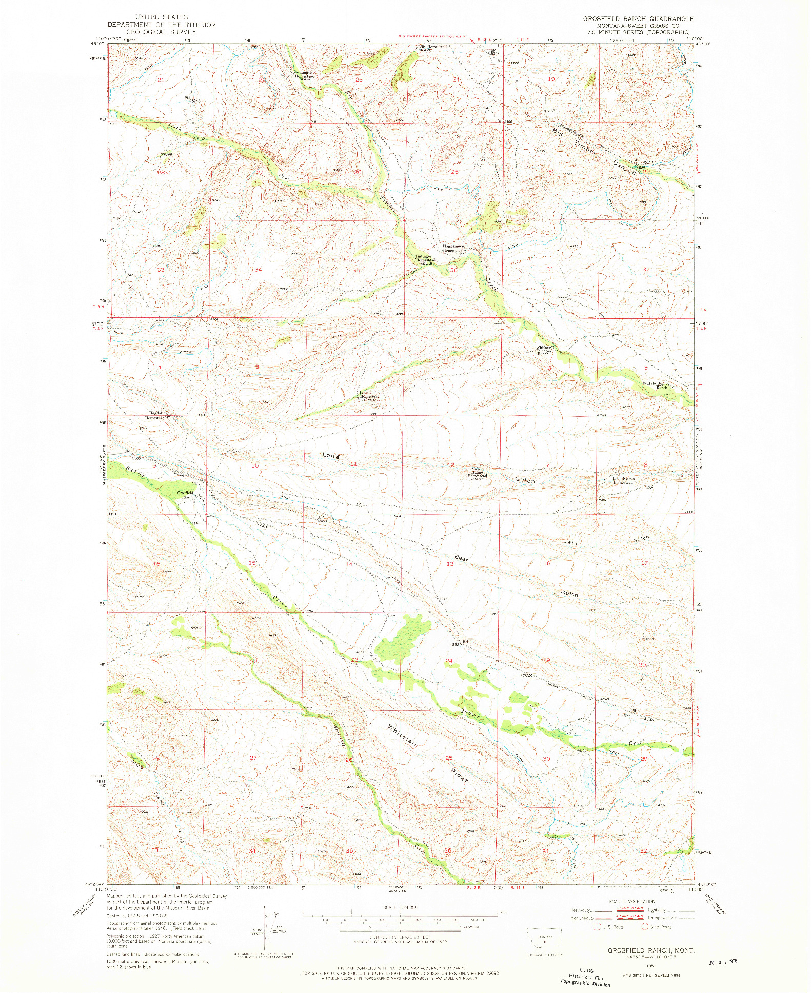 USGS 1:24000-SCALE QUADRANGLE FOR GROSFIELD RANCH, MT 1951