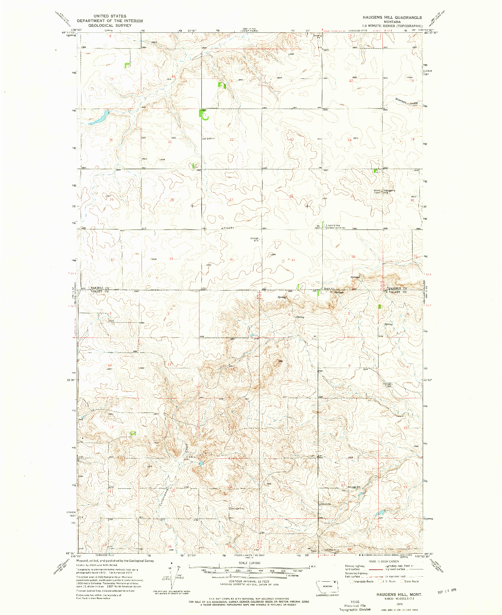 USGS 1:24000-SCALE QUADRANGLE FOR HAUGENS HILL, MT 1973