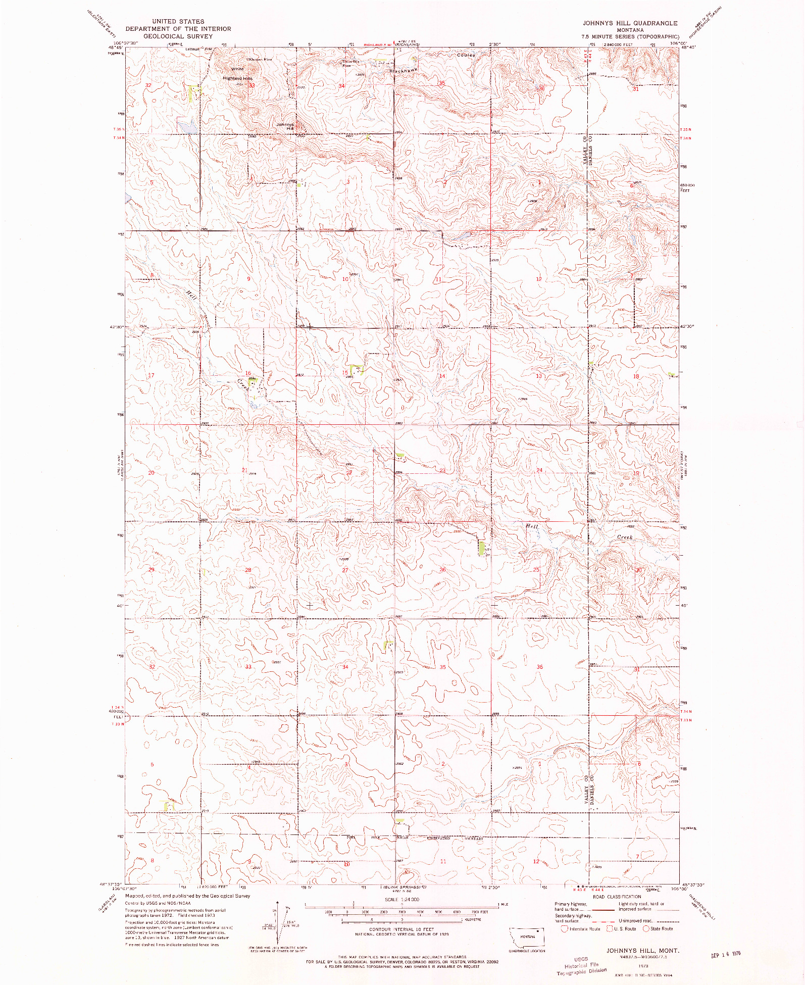USGS 1:24000-SCALE QUADRANGLE FOR JOHNNYS HILL, MT 1973