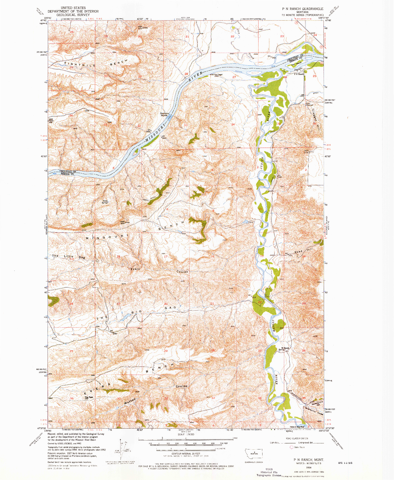 USGS 1:24000-SCALE QUADRANGLE FOR P N RANCH, MT 1954