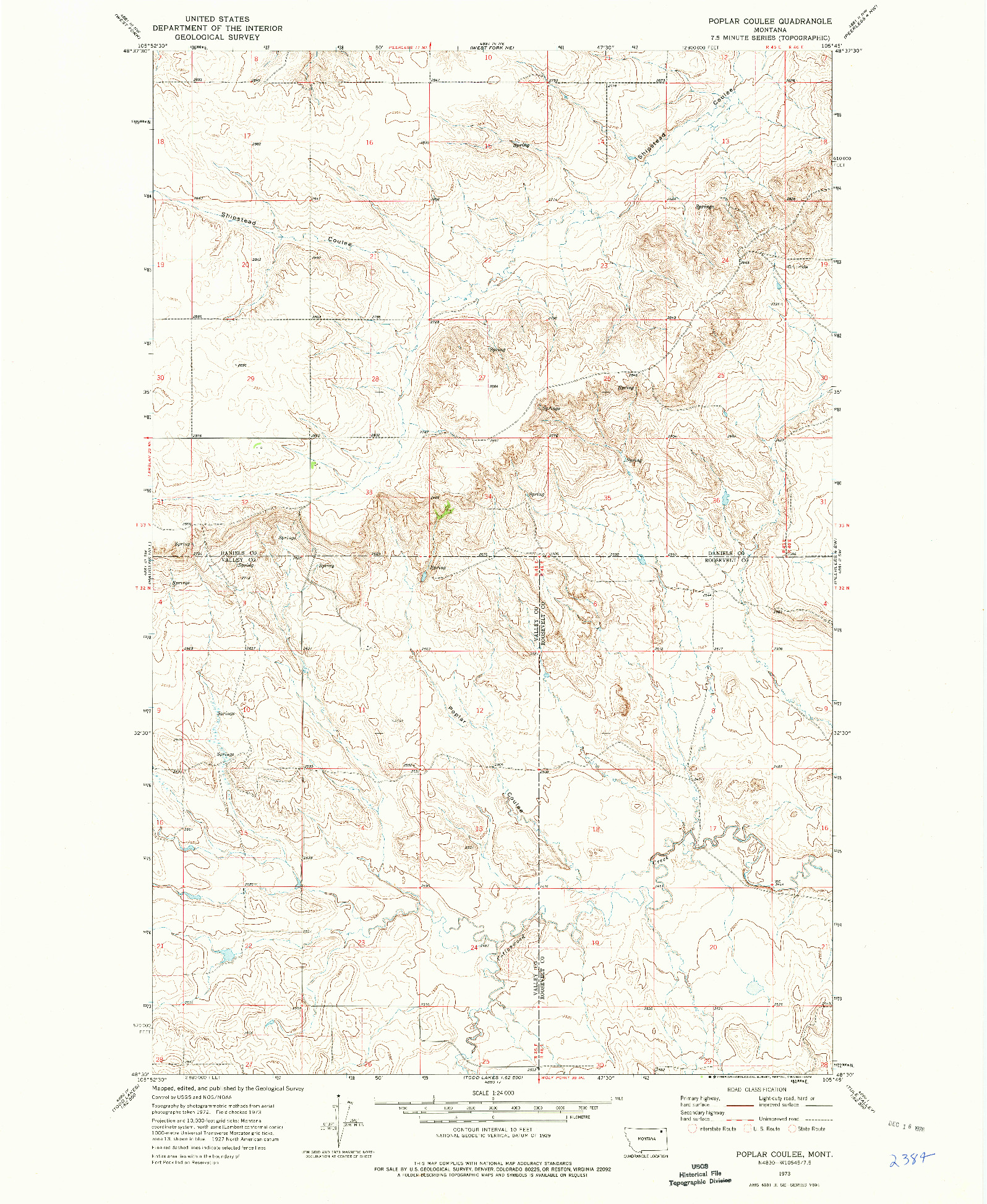 USGS 1:24000-SCALE QUADRANGLE FOR POPLAR COULEE, MT 1973