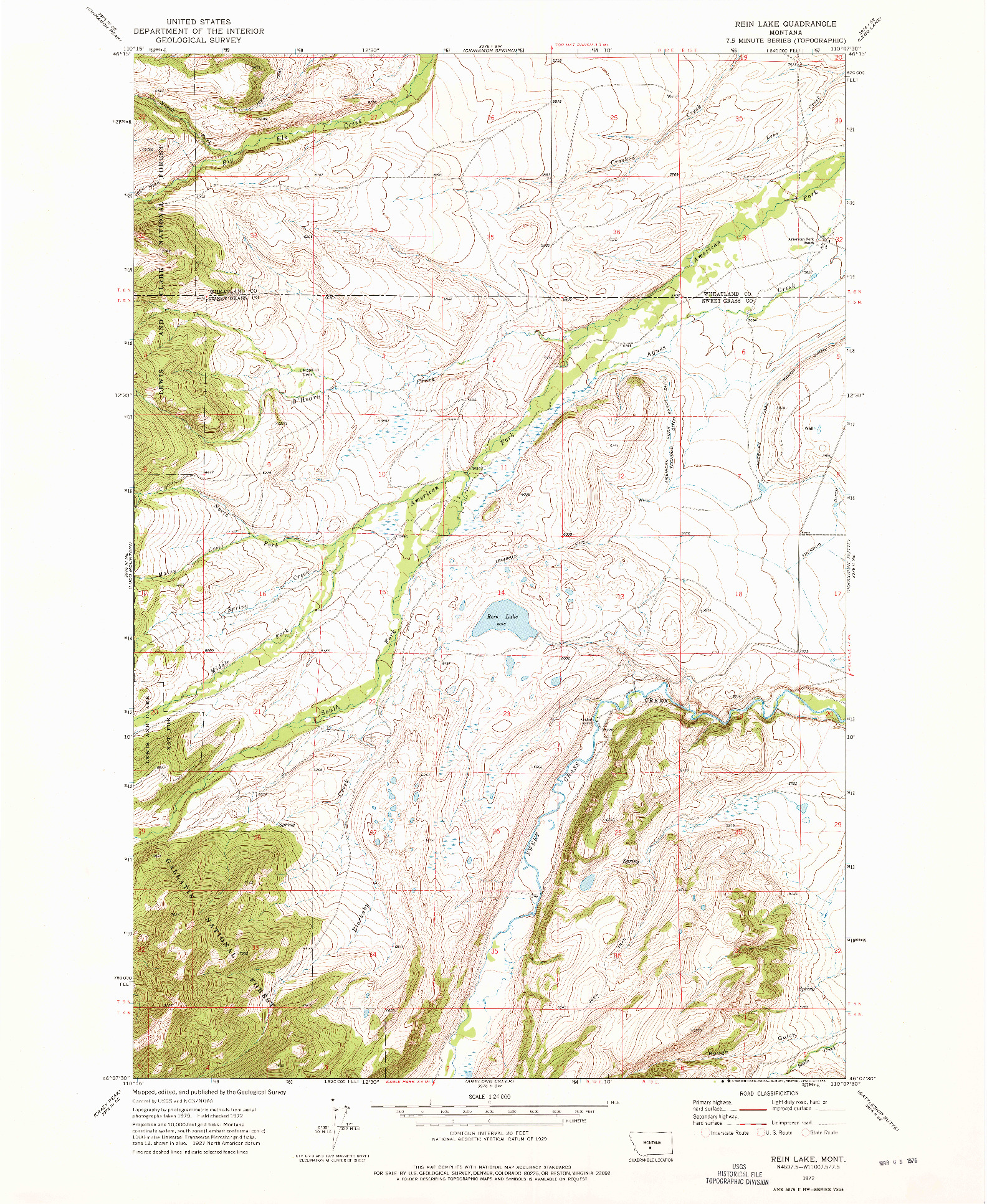 USGS 1:24000-SCALE QUADRANGLE FOR REIN LAKE, MT 1972