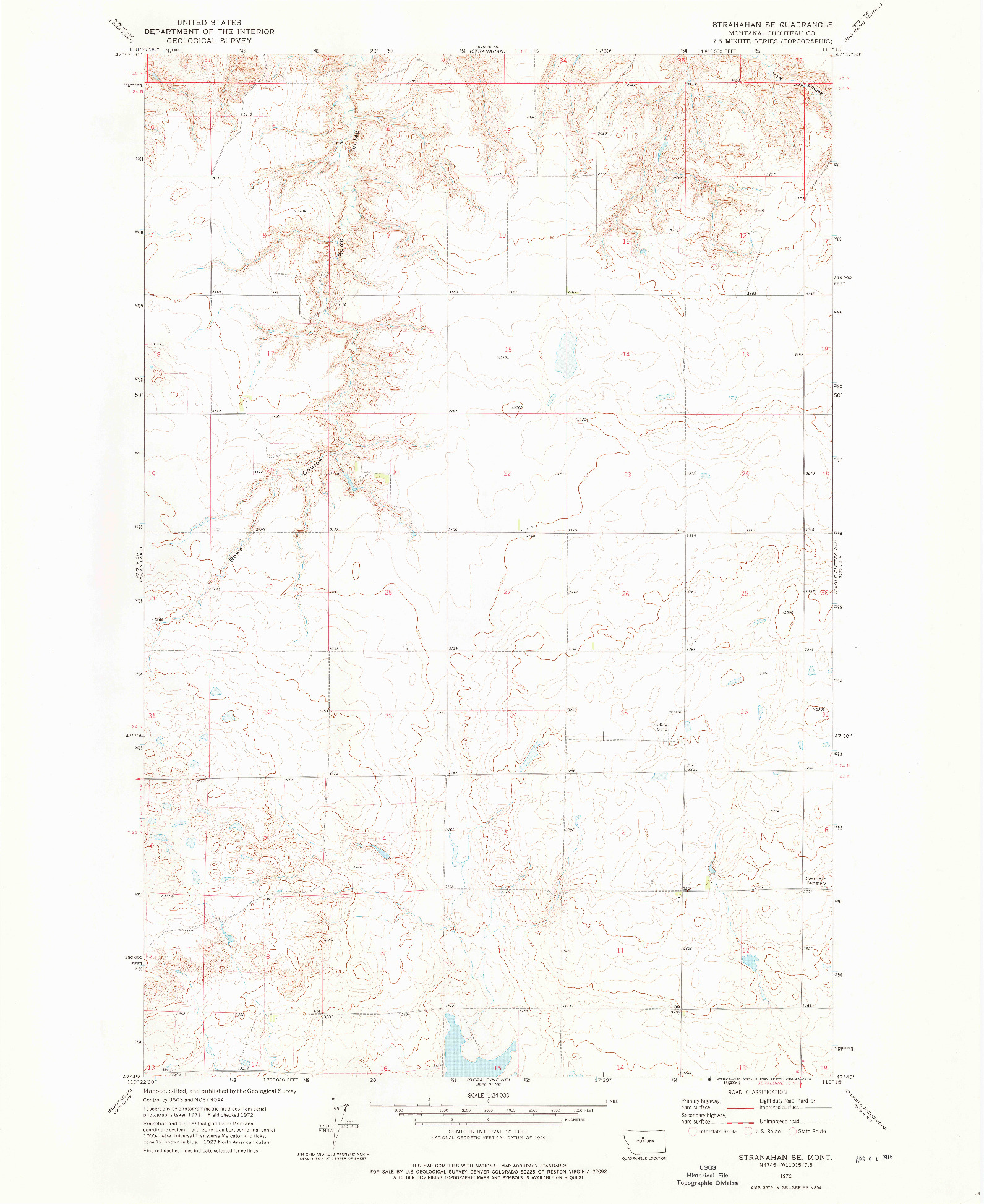 USGS 1:24000-SCALE QUADRANGLE FOR STRANAHAN SE, MT 1972