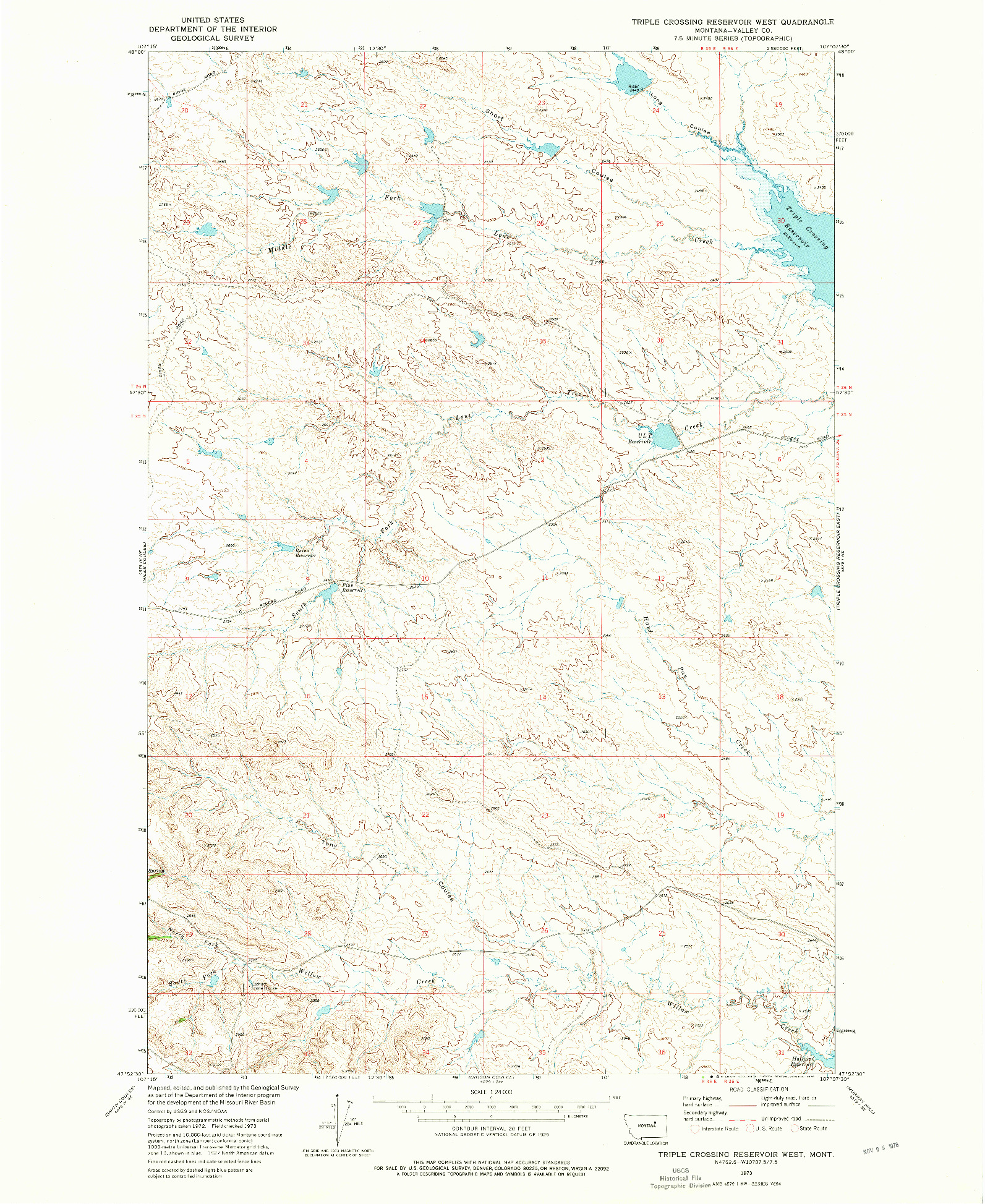 USGS 1:24000-SCALE QUADRANGLE FOR TRIPLE CROSSING RESERVOIR WEST, MT 1973