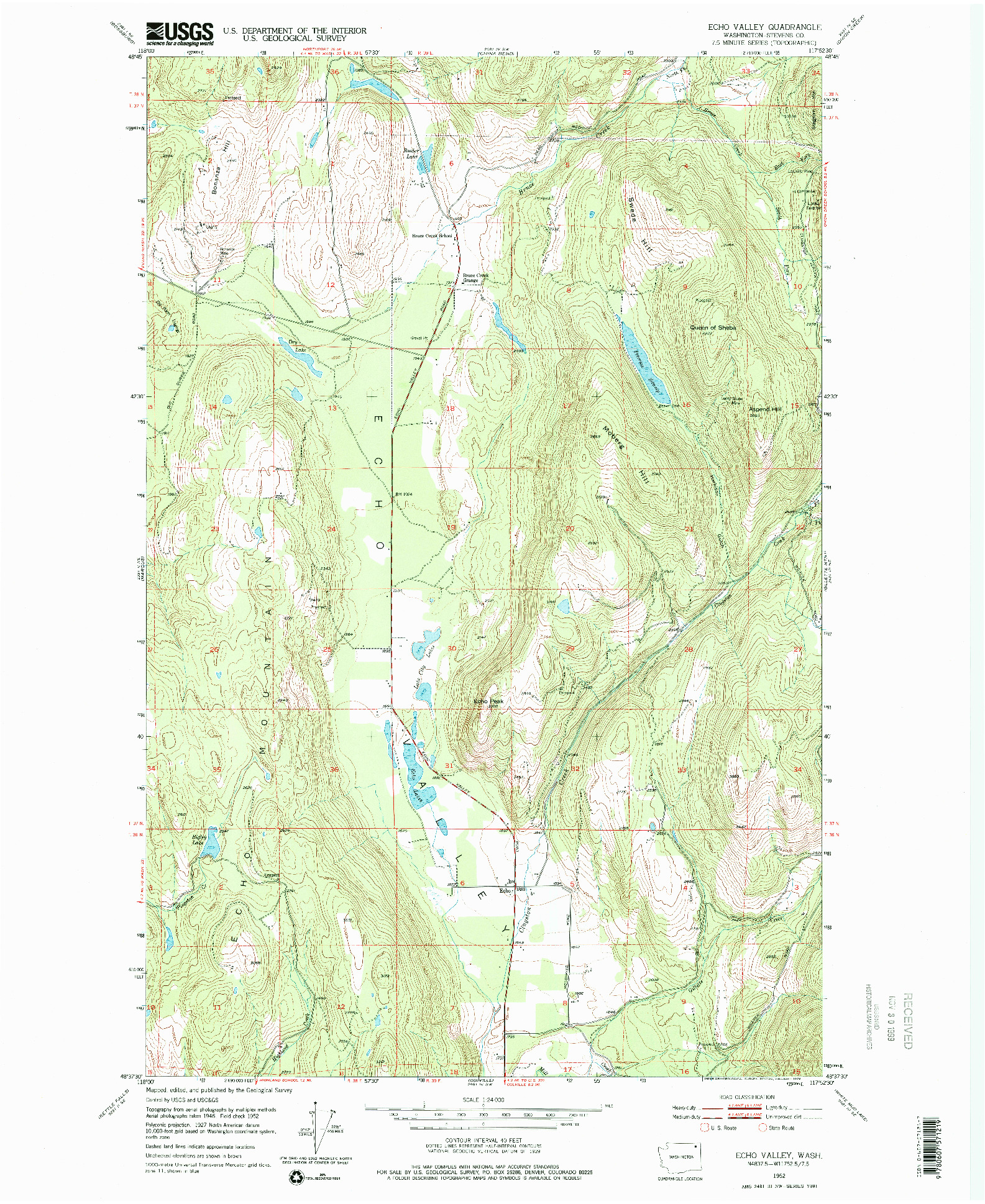 USGS 1:24000-SCALE QUADRANGLE FOR ECHO VALLEY, WA 1952