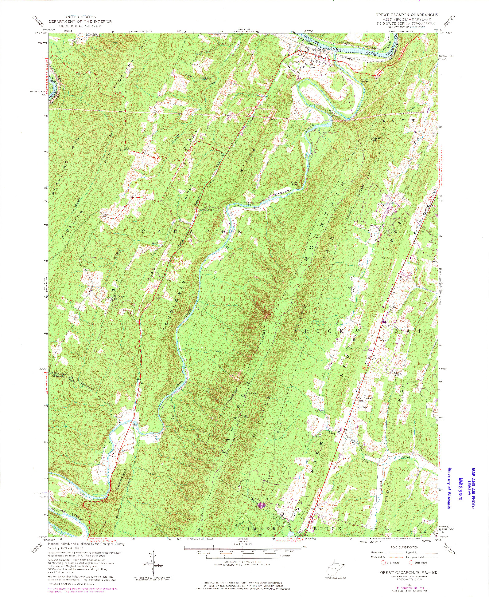 USGS 1:24000-SCALE QUADRANGLE FOR GREAT CACAPON, WV 1958