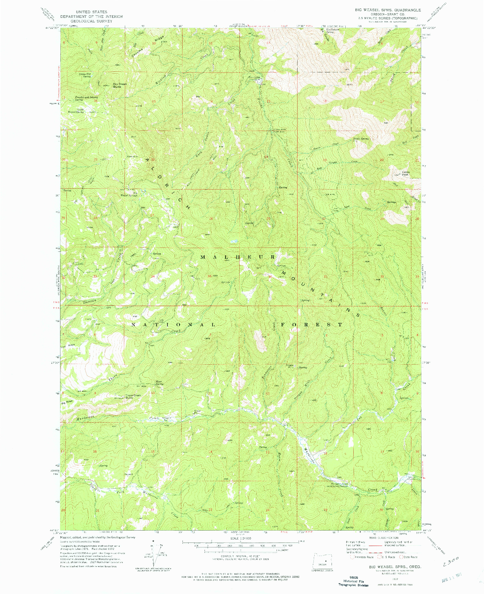 USGS 1:24000-SCALE QUADRANGLE FOR BIG WEASEL SPRS, OR 1972