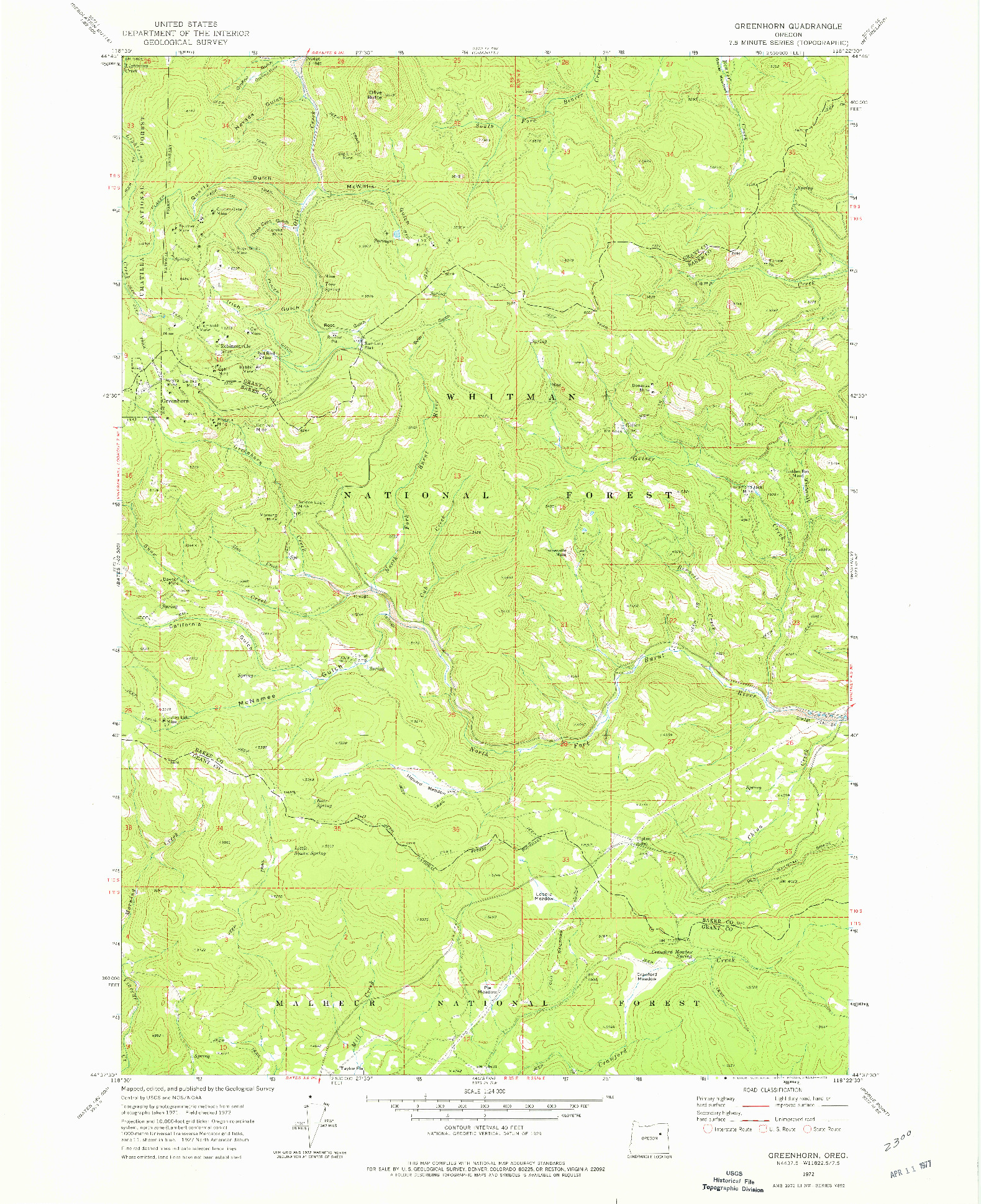USGS 1:24000-SCALE QUADRANGLE FOR GREENHORN, OR 1972