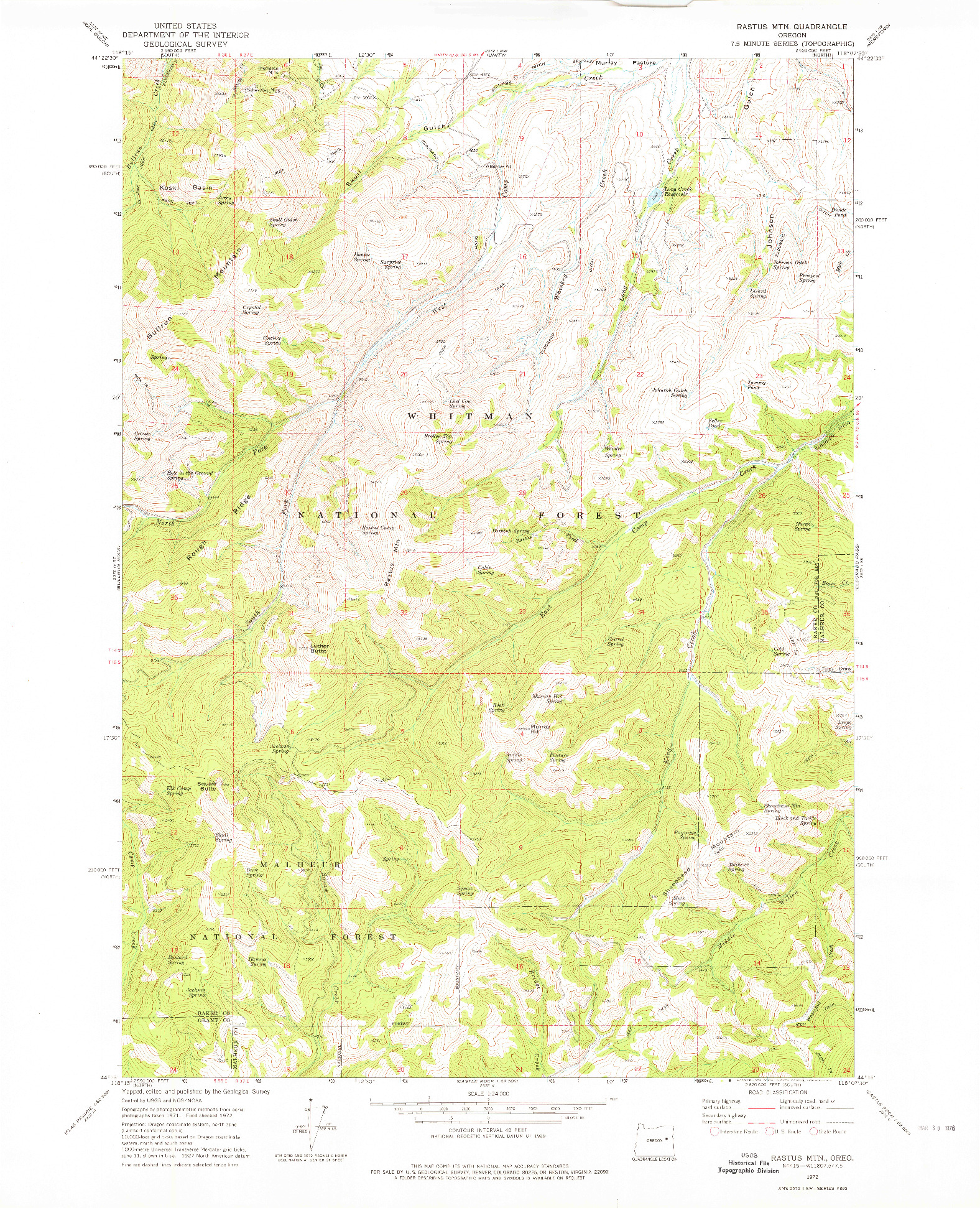 USGS 1:24000-SCALE QUADRANGLE FOR RASTUS MTN, OR 1972