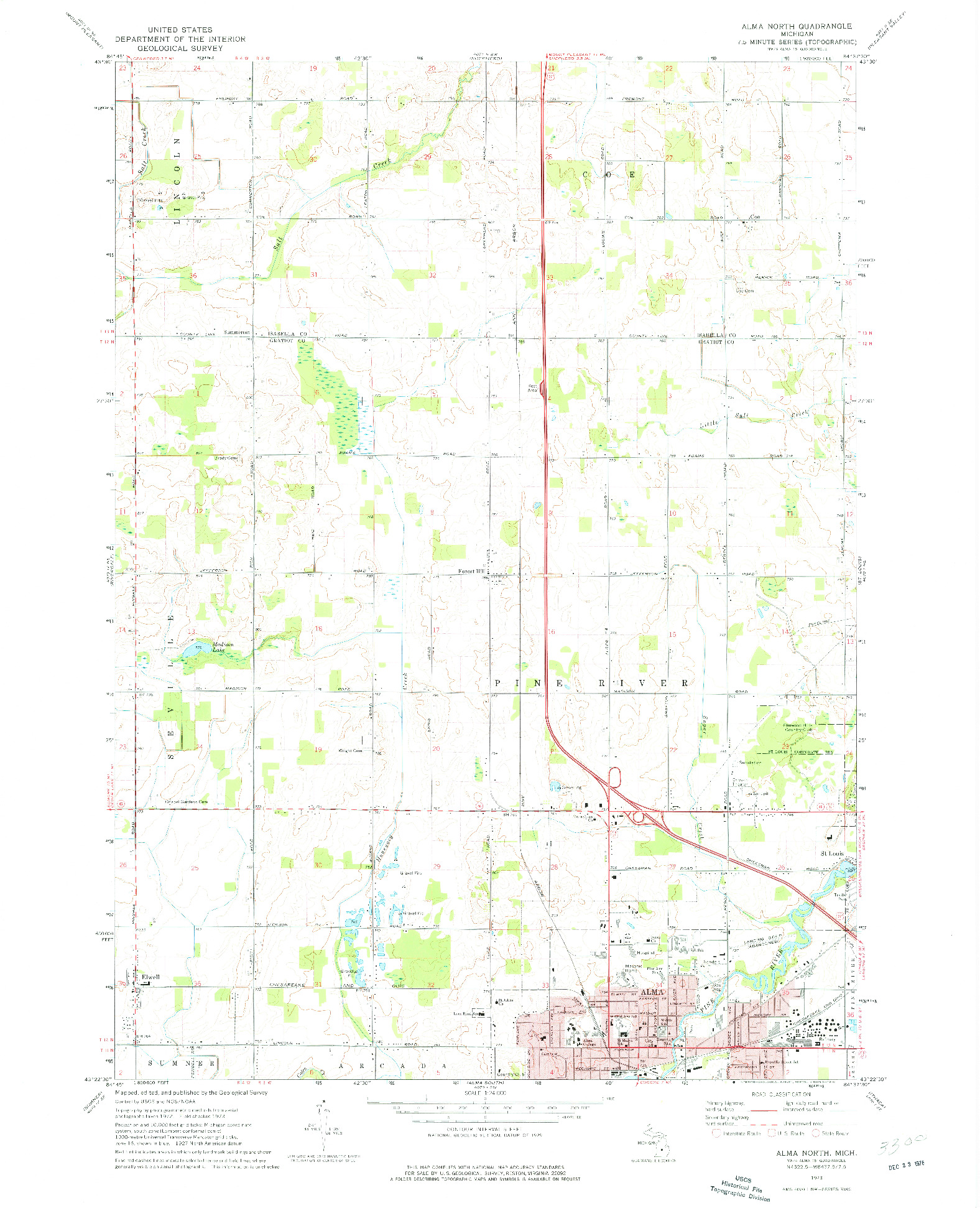 USGS 1:24000-SCALE QUADRANGLE FOR ALMA NORTH, MI 1973