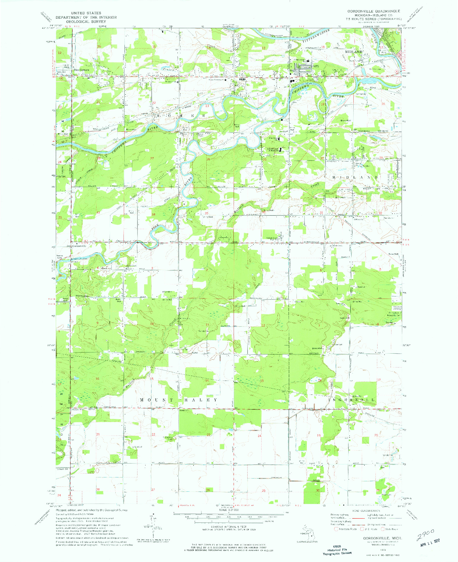 USGS 1:24000-SCALE QUADRANGLE FOR GORDONVILLE, MI 1973