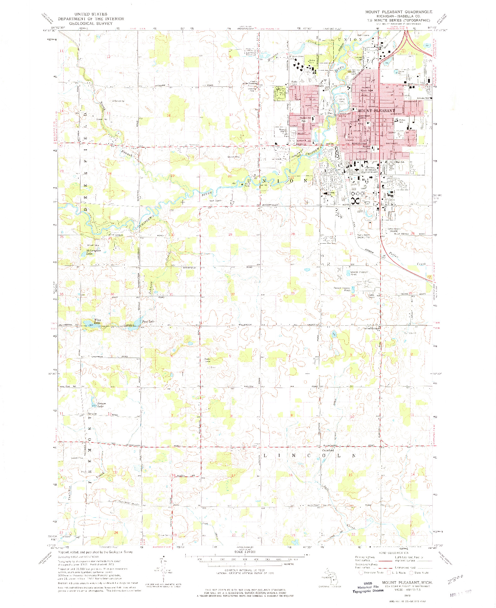 USGS 1:24000-SCALE QUADRANGLE FOR MOUNT PLEASANT, MI 1973