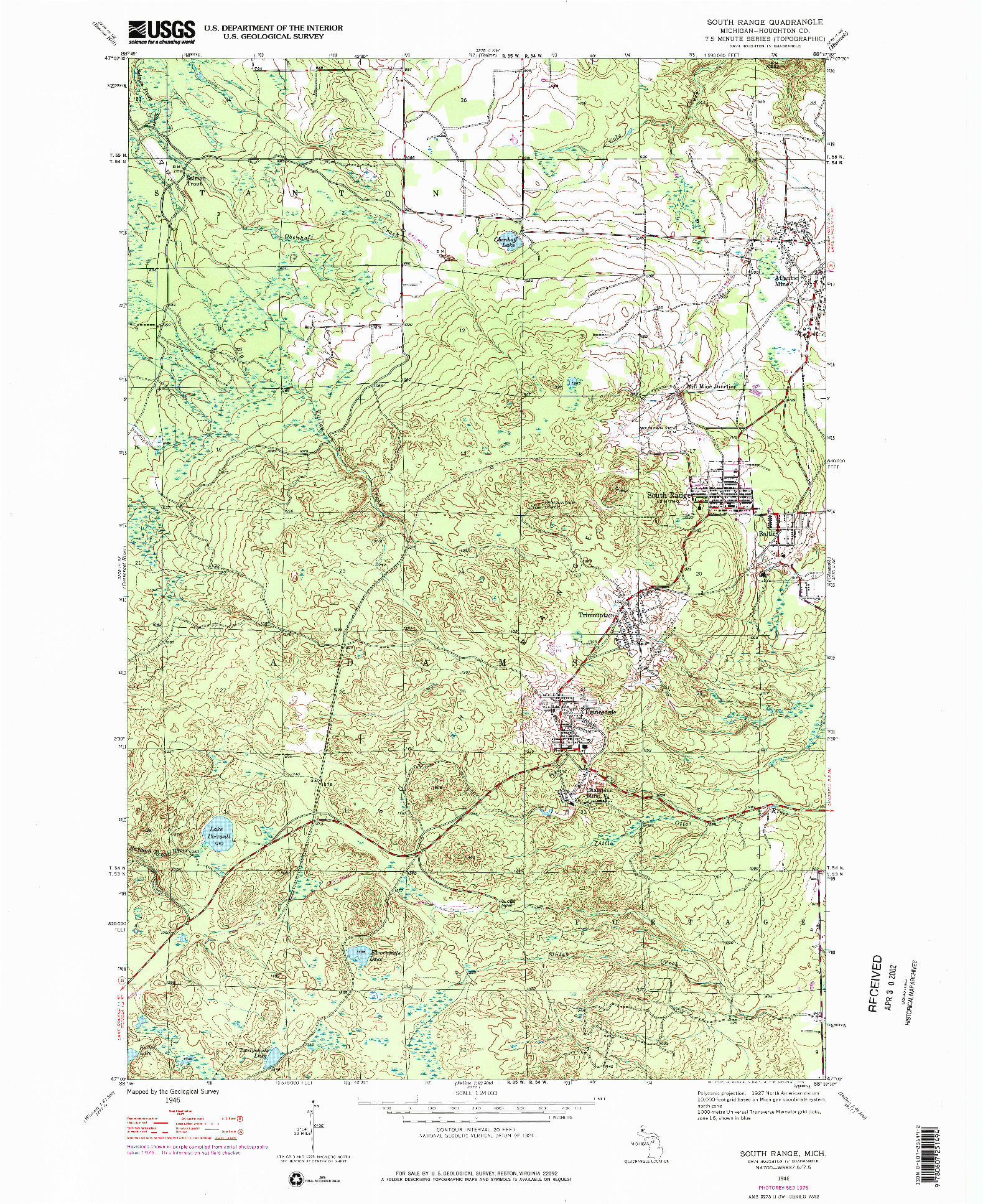 USGS 1:24000-SCALE QUADRANGLE FOR SOUTH RANGE, MI 1946