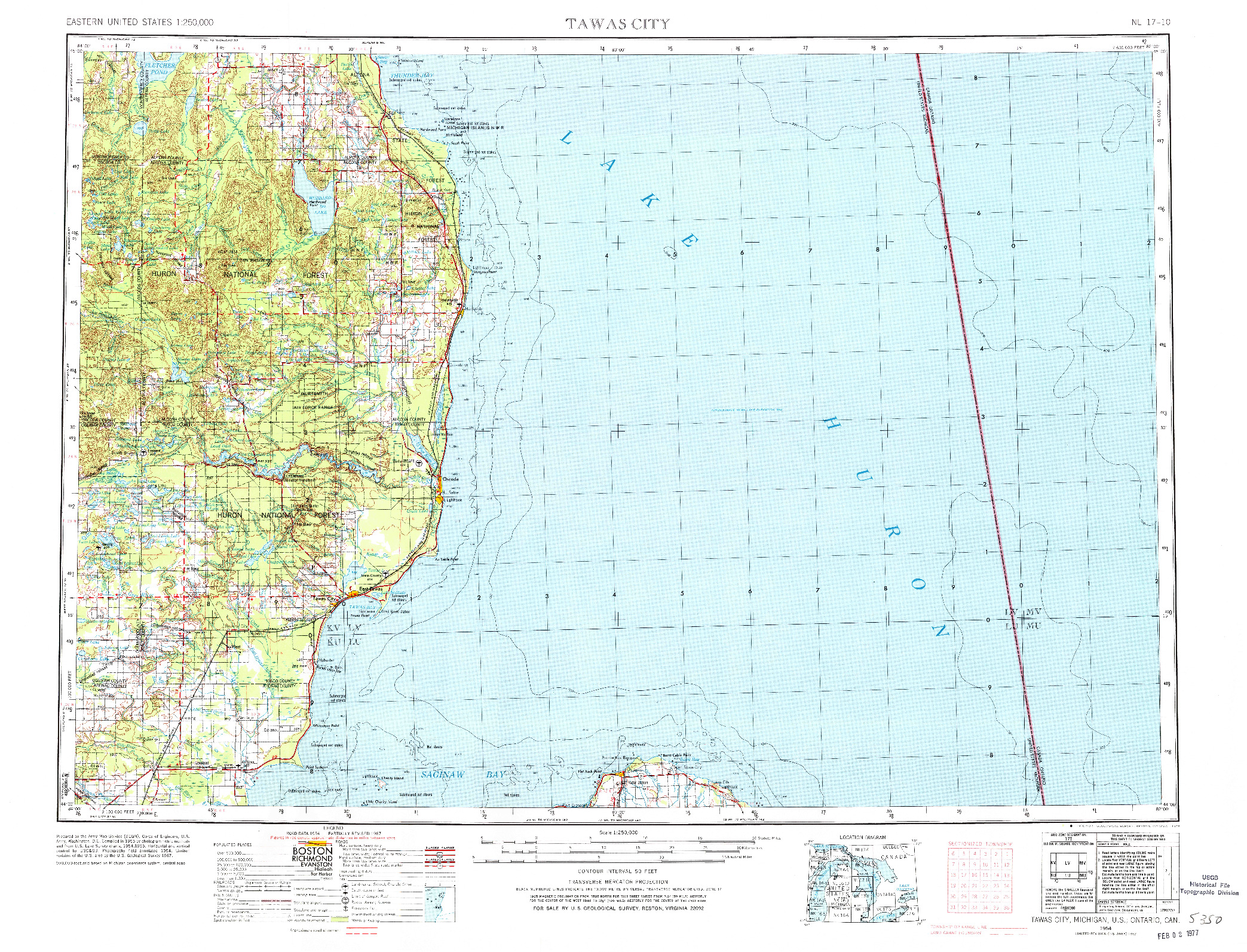 USGS 1:250000-SCALE QUADRANGLE FOR TAWAS CITY, MI 1954