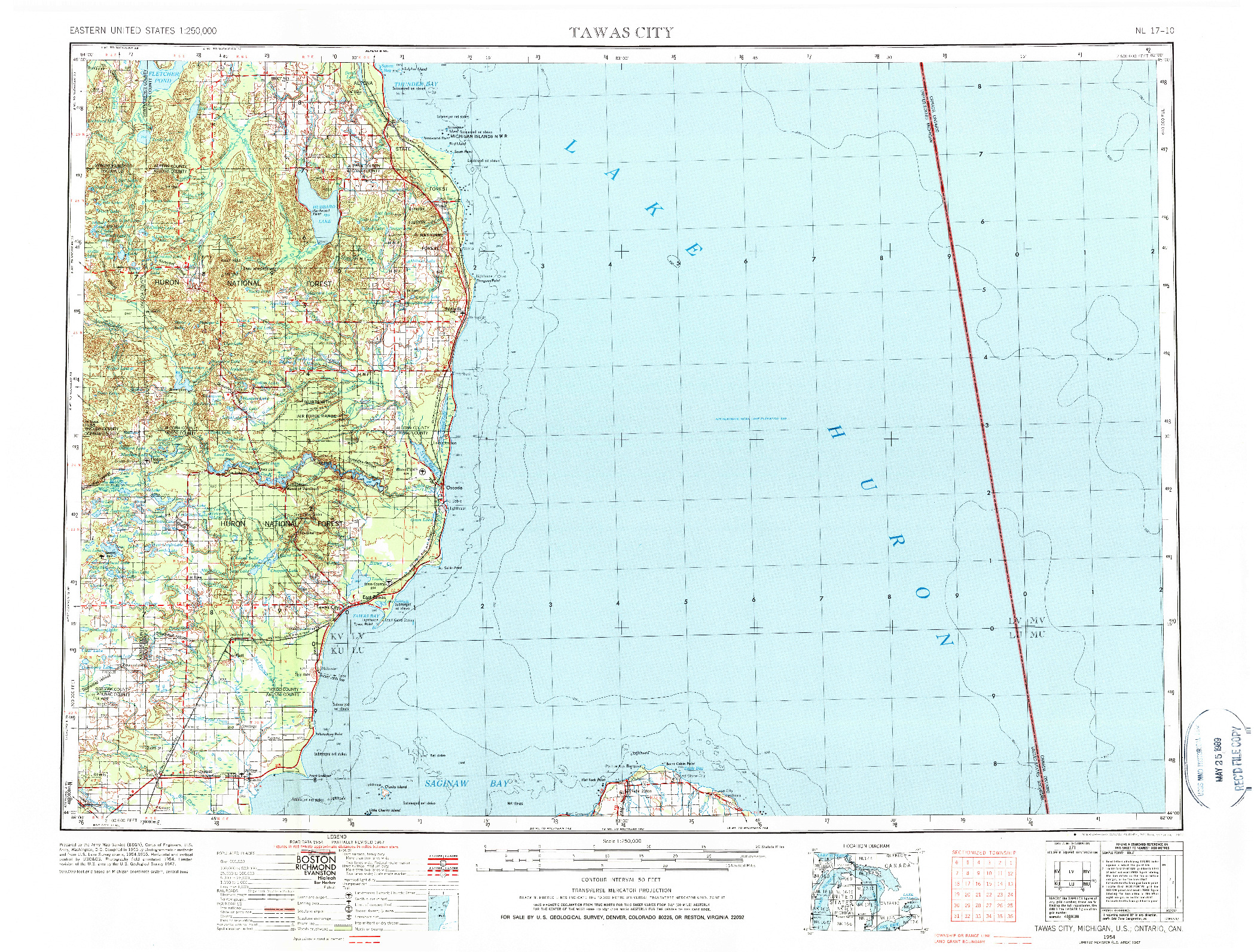 USGS 1:250000-SCALE QUADRANGLE FOR TAWAS CITY, MI 1954