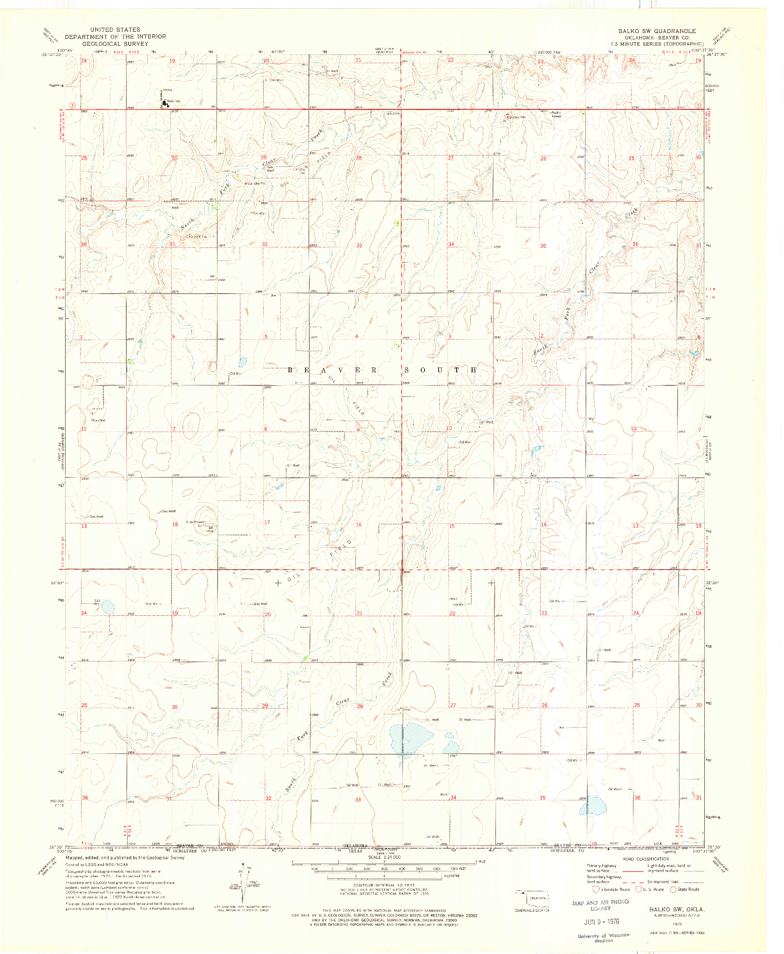 USGS 1:24000-SCALE QUADRANGLE FOR BALKO SW, OK 1973