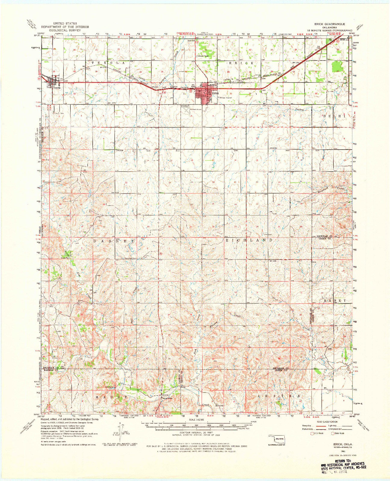 USGS 1:62500-SCALE QUADRANGLE FOR ERICK, OK 1961