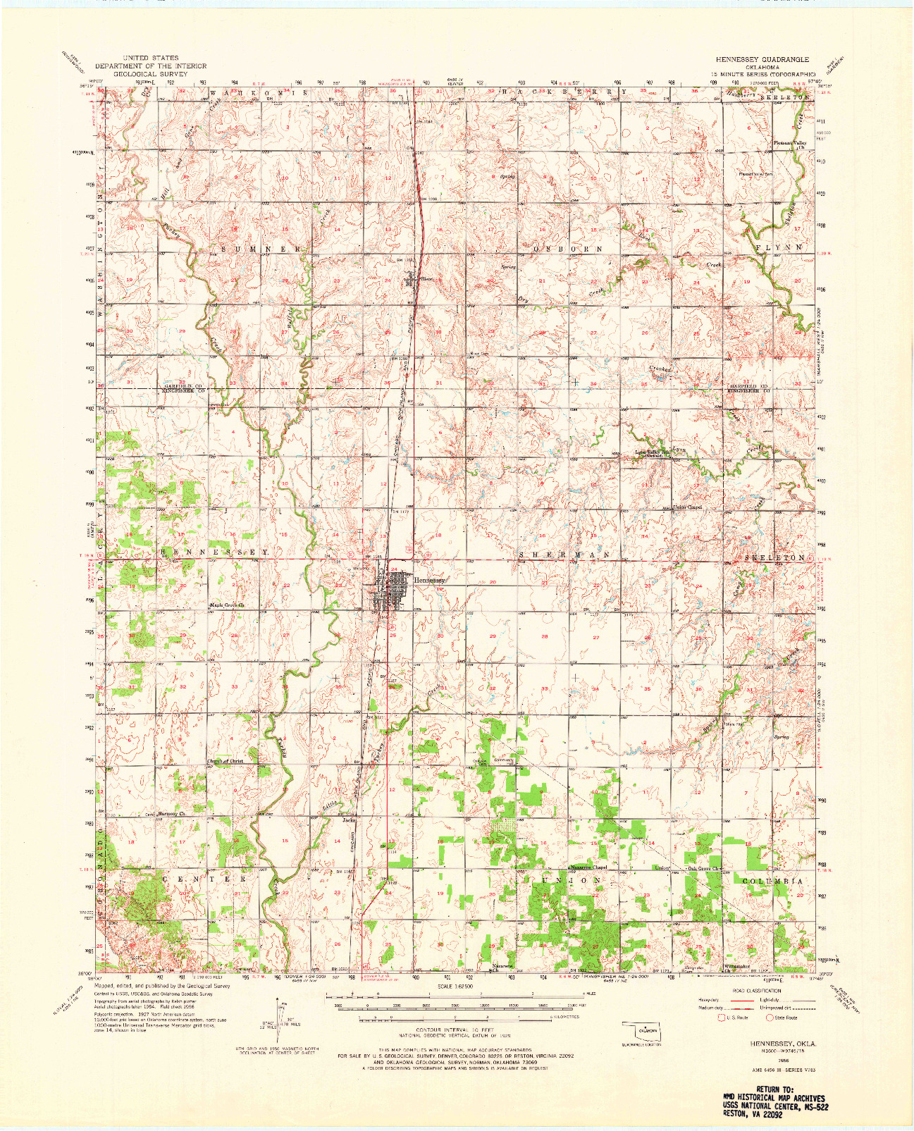 USGS 1:62500-SCALE QUADRANGLE FOR HENNESSEY, OK 1956