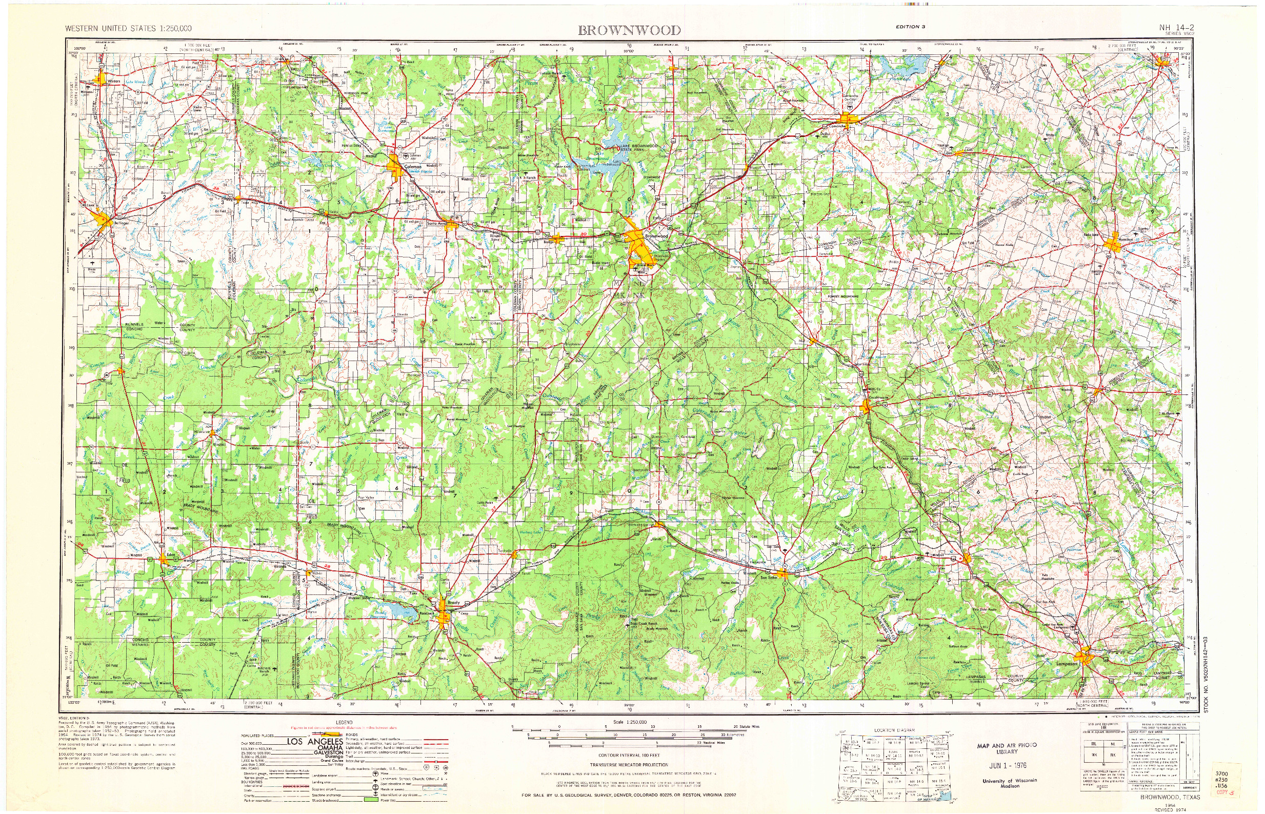 USGS 1:250000-SCALE QUADRANGLE FOR BROWNWOOD, TX 1954
