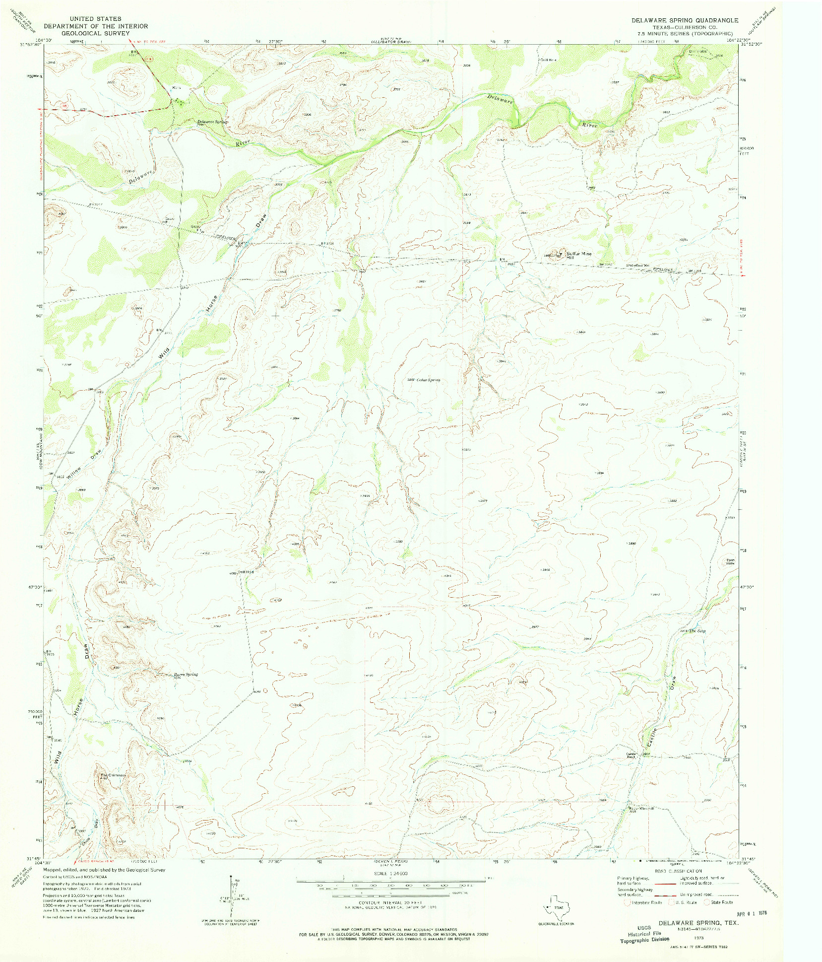 USGS 1:24000-SCALE QUADRANGLE FOR DELAWARE SPRING, TX 1973