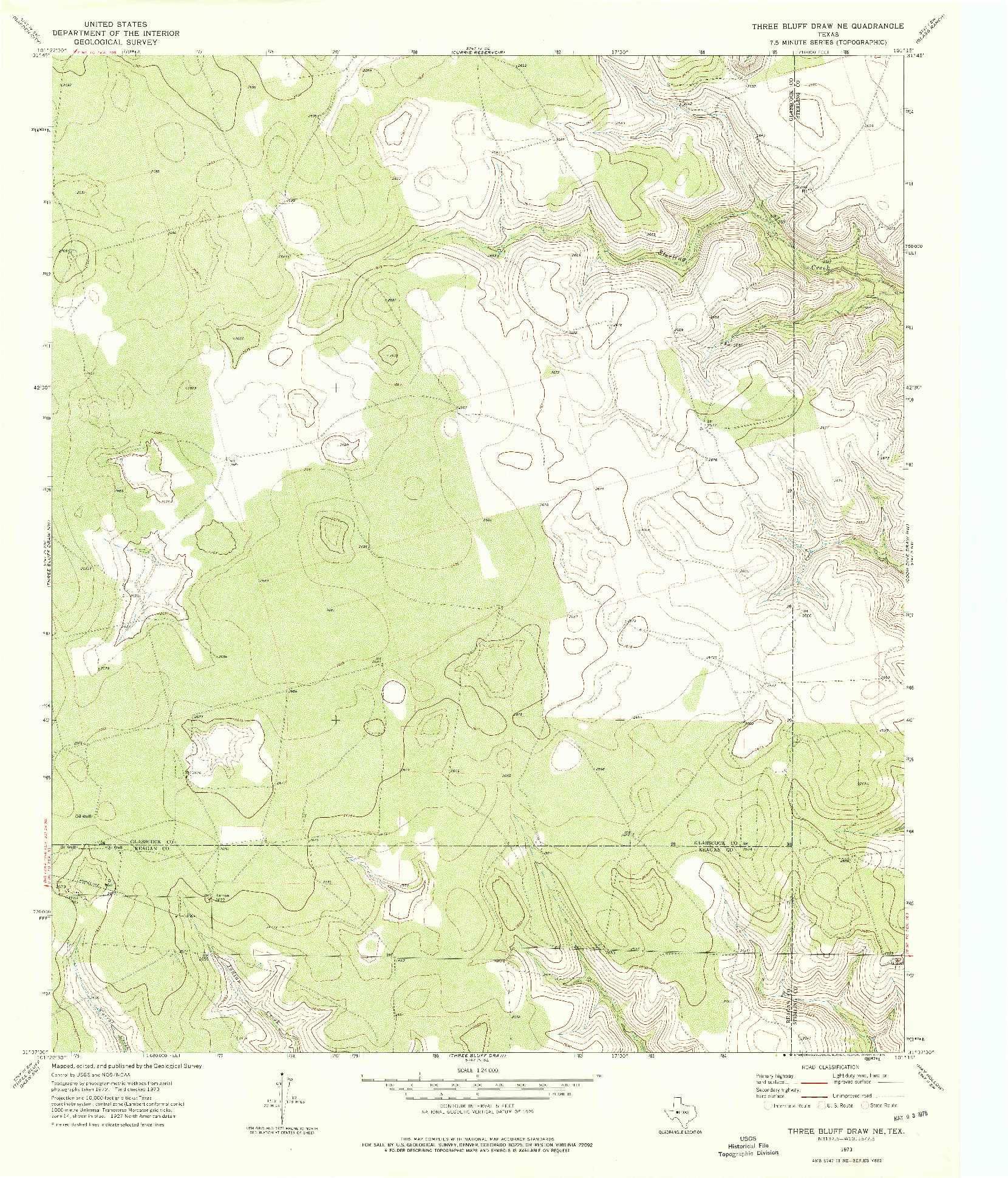 USGS 1:24000-SCALE QUADRANGLE FOR THREE BLUFF DRAW NE, TX 1973