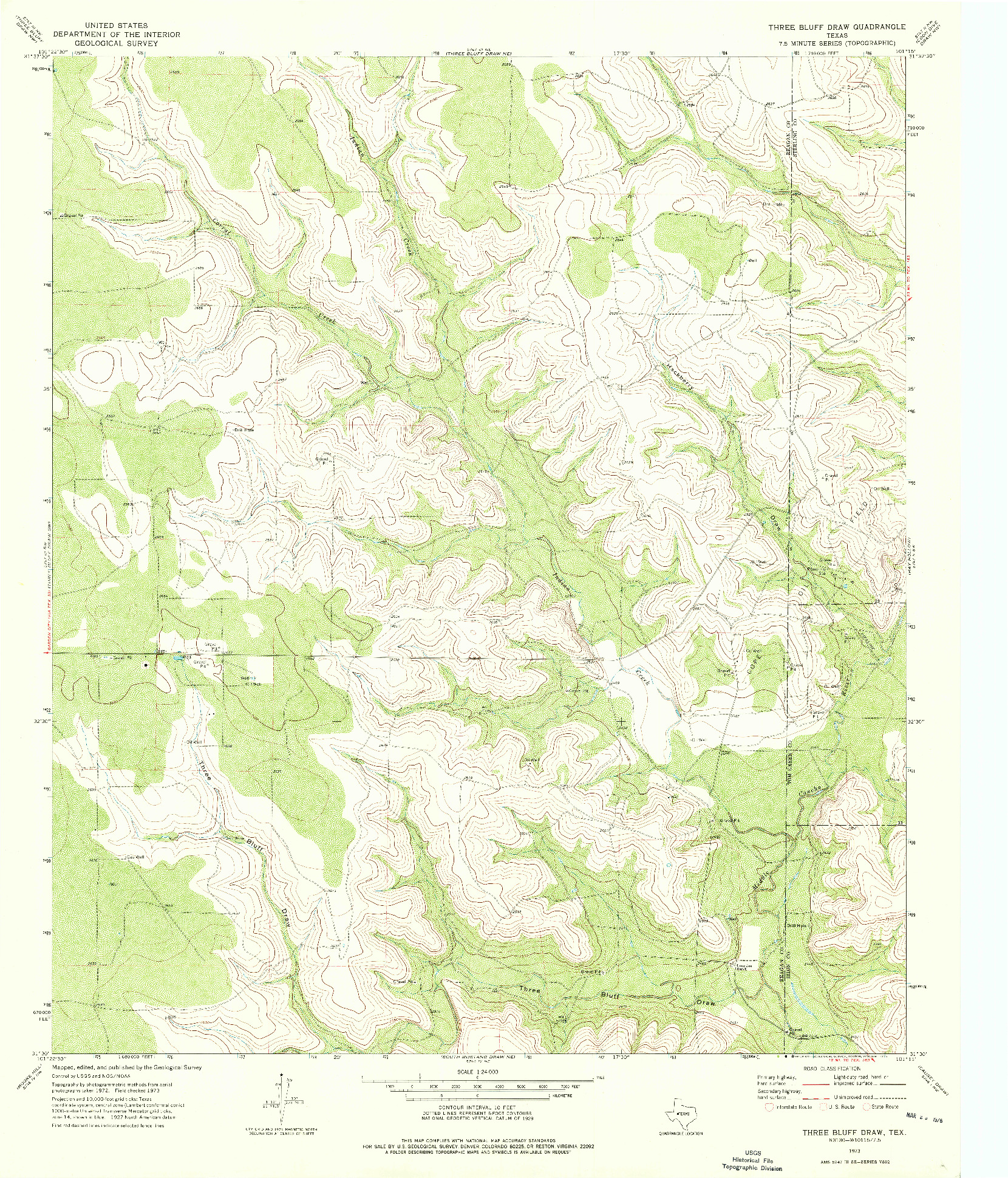 USGS 1:24000-SCALE QUADRANGLE FOR THREE BLUFF DRAW, TX 1973