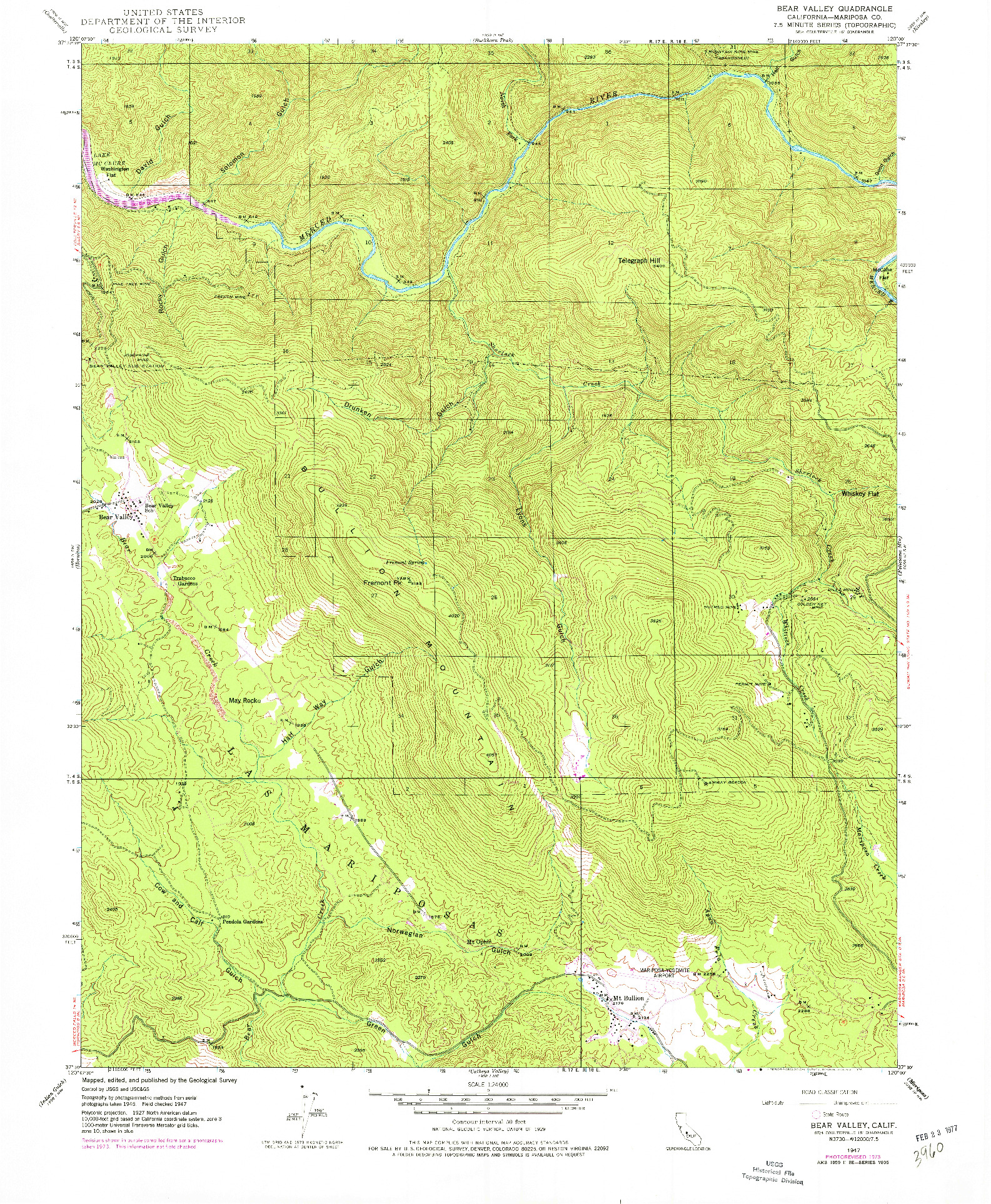 USGS 1:24000-SCALE QUADRANGLE FOR BEAR VALLEY, CA 1947