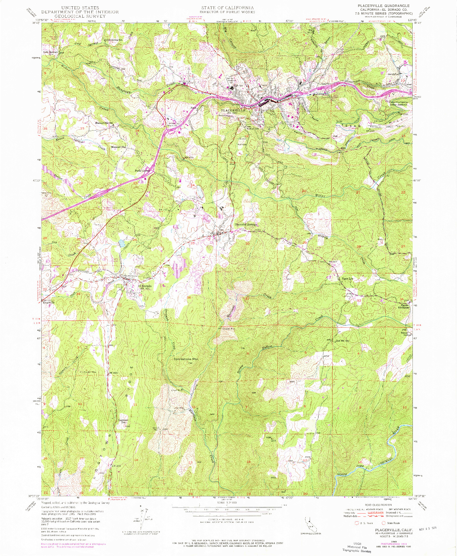 USGS 1:24000-SCALE QUADRANGLE FOR PLACERVILLE, CA 1949