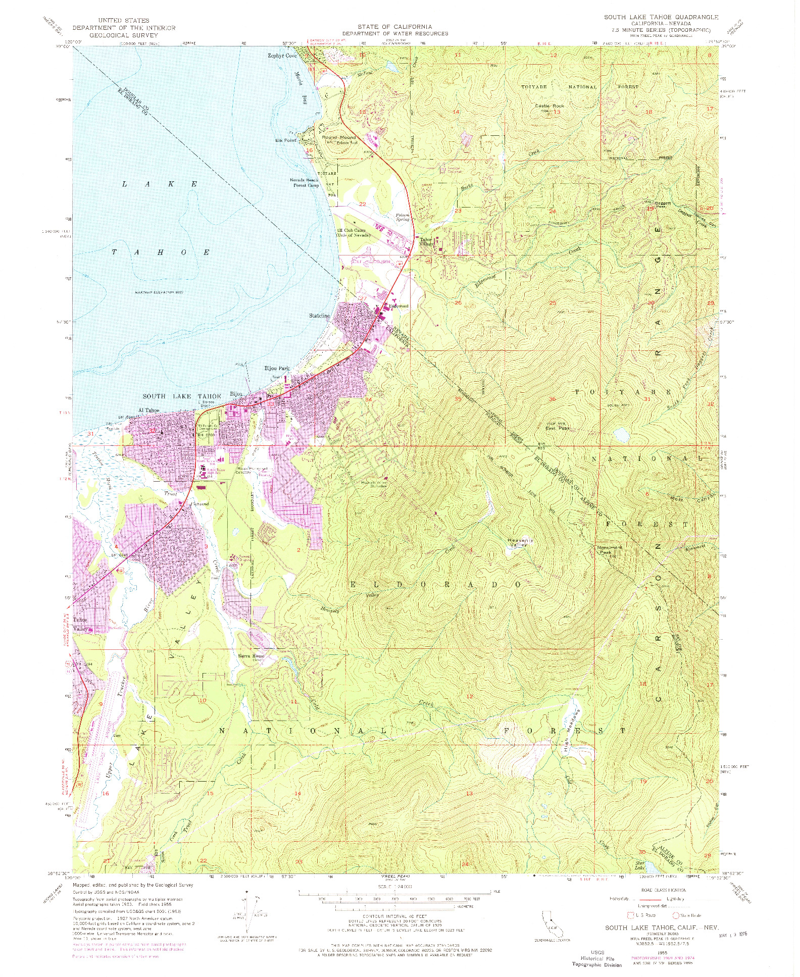 USGS 1:24000-SCALE QUADRANGLE FOR SOUTH LAKE TAHOE, CA 1955