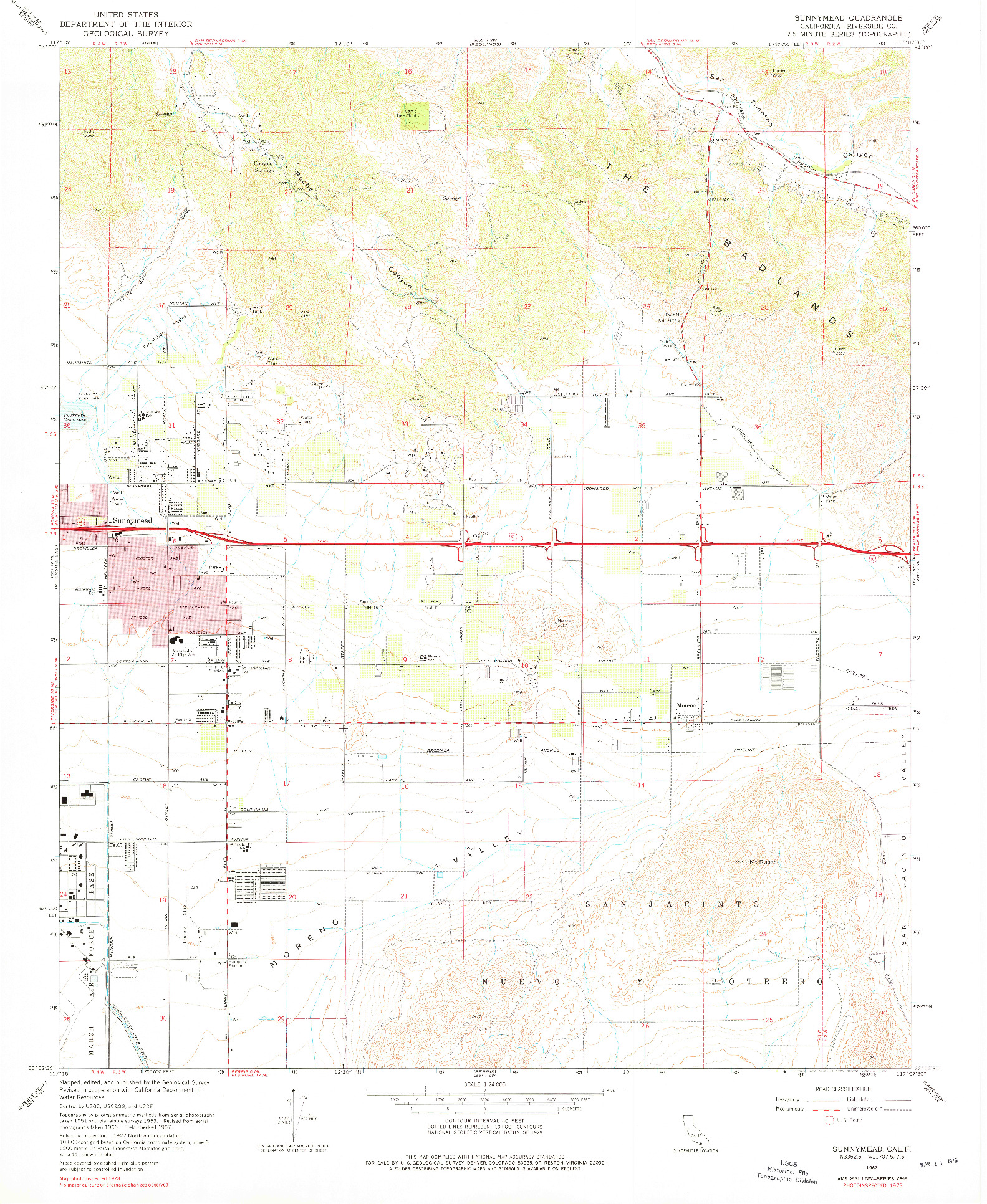 USGS 1:24000-SCALE QUADRANGLE FOR SUNNYMEAD, CA 1967
