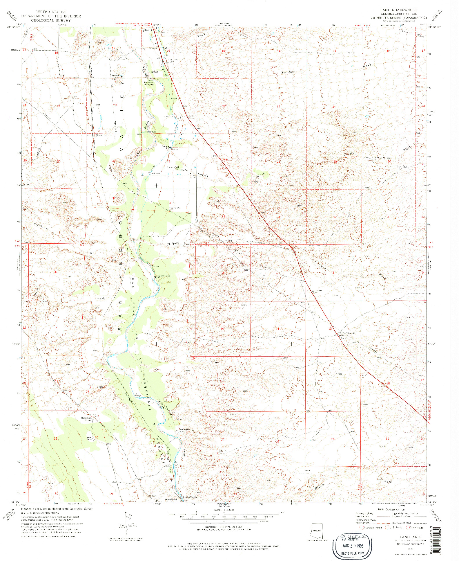 USGS 1:24000-SCALE QUADRANGLE FOR LAND, AZ 1973
