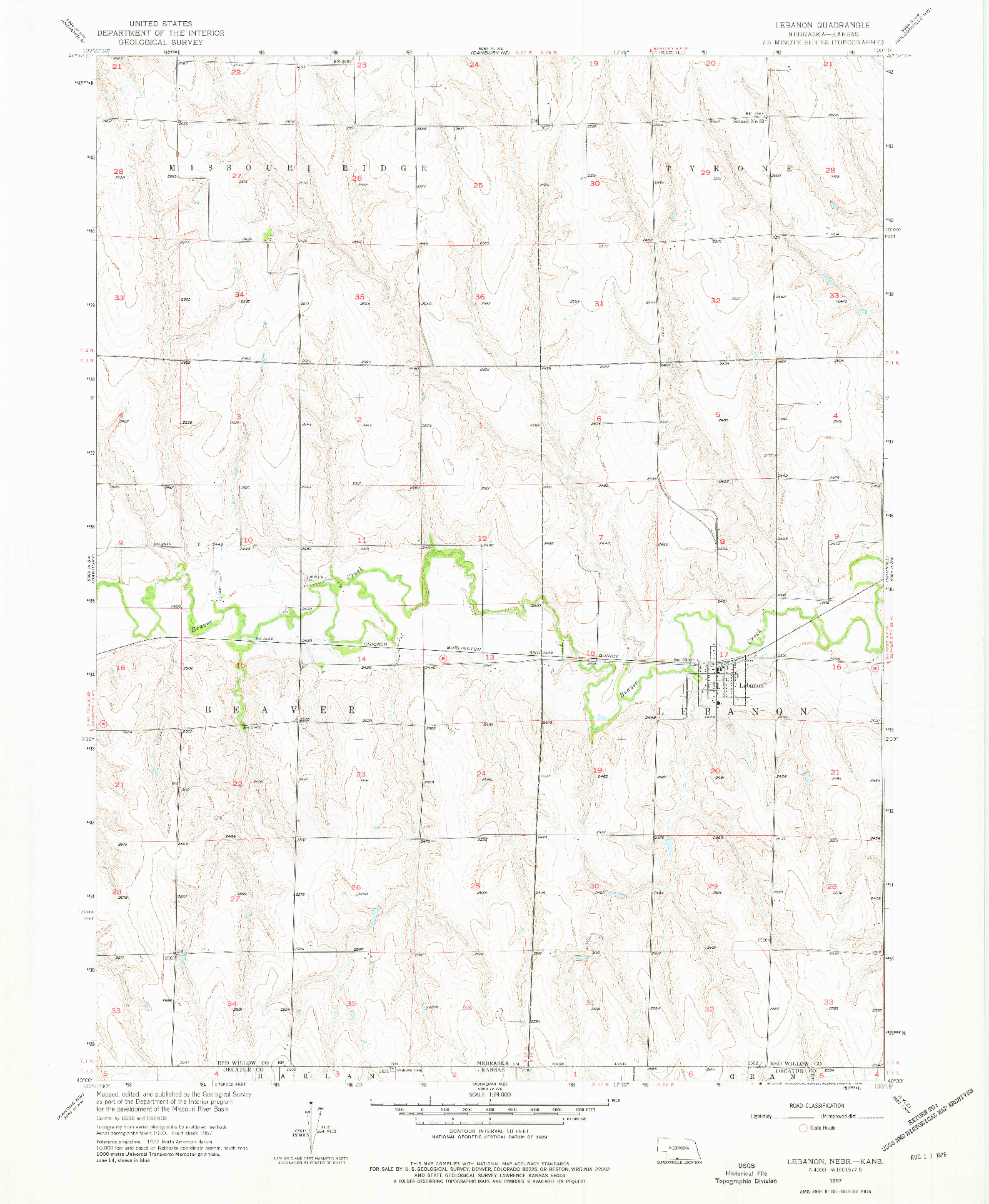 USGS 1:24000-SCALE QUADRANGLE FOR LEBANON, NE 1957