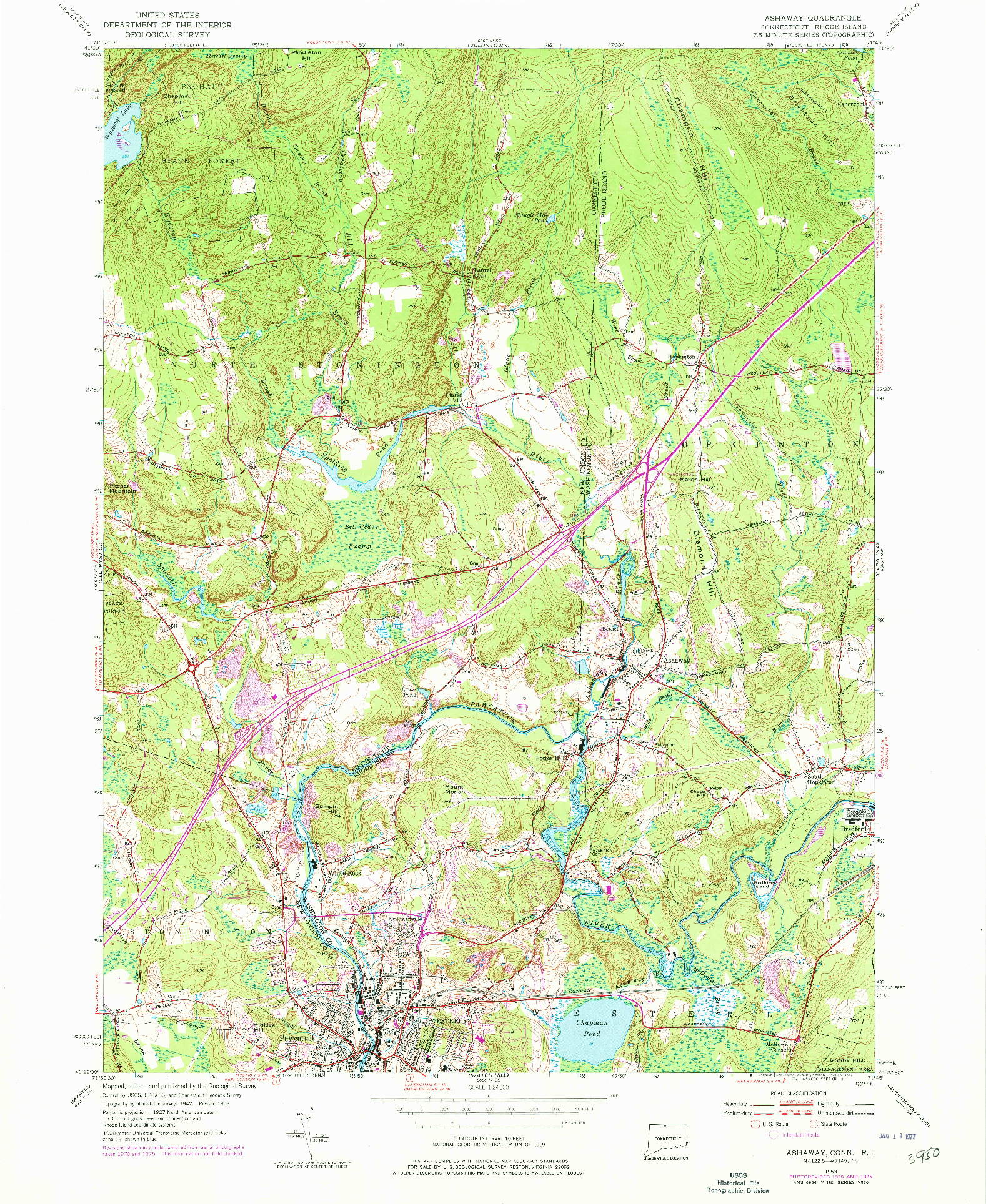 USGS 1:24000-SCALE QUADRANGLE FOR ASHAWAY, CT 1953