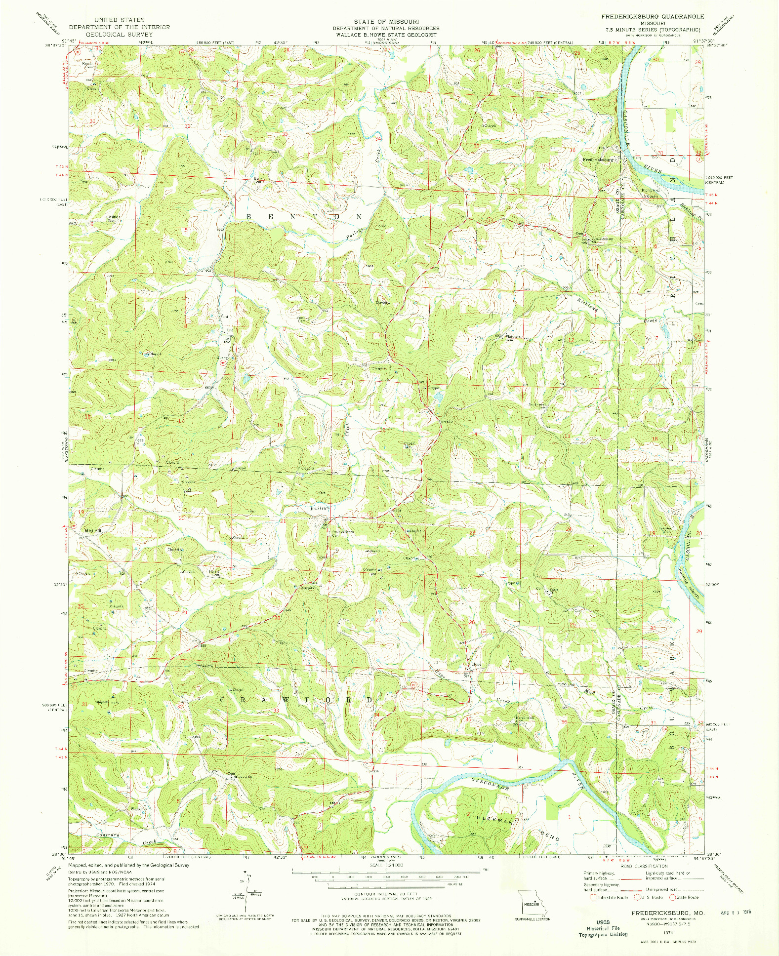 USGS 1:24000-SCALE QUADRANGLE FOR FREDERICKSBURG, MO 1974