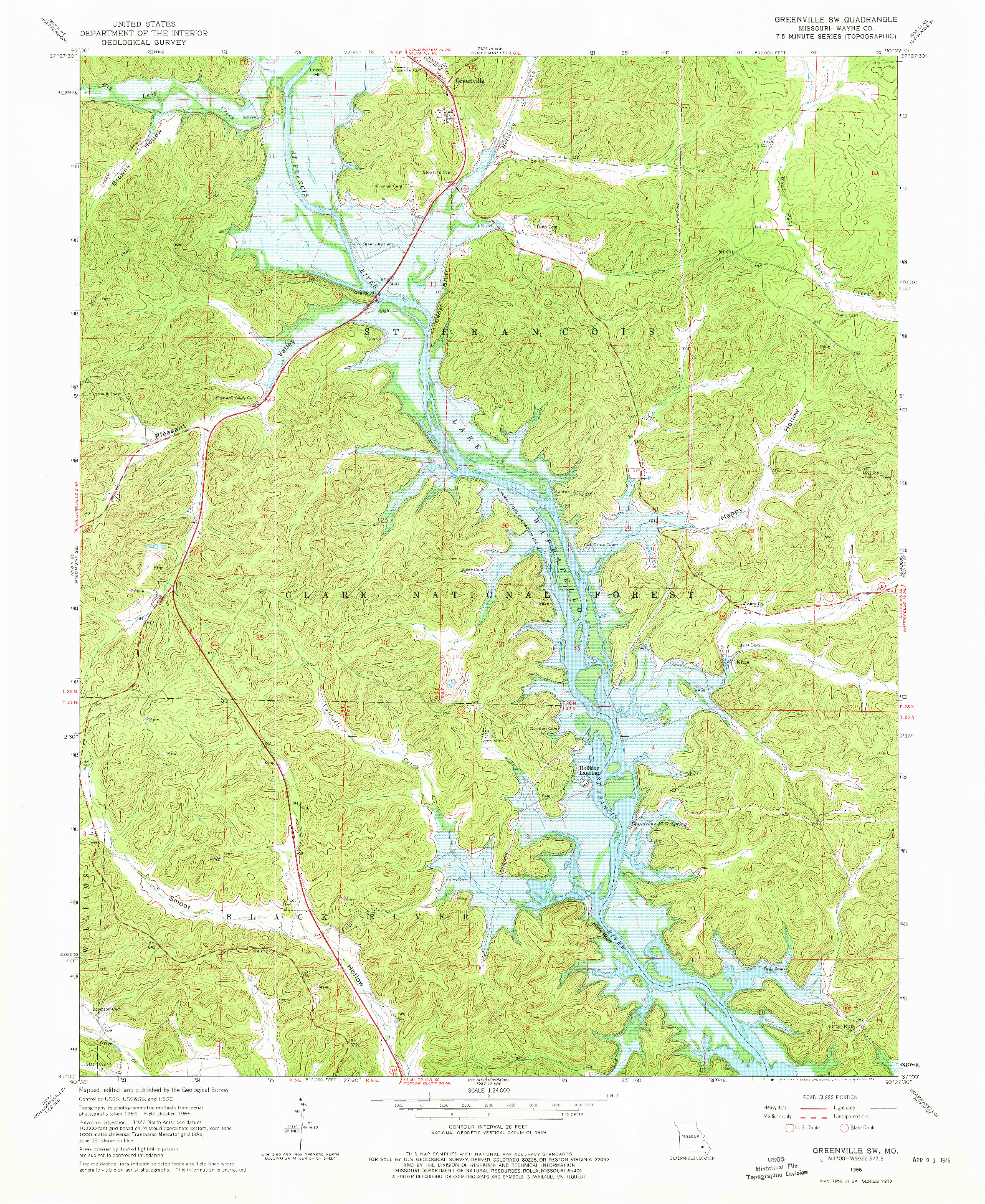 USGS 1:24000-SCALE QUADRANGLE FOR GREENVILLE SW, MO 1966