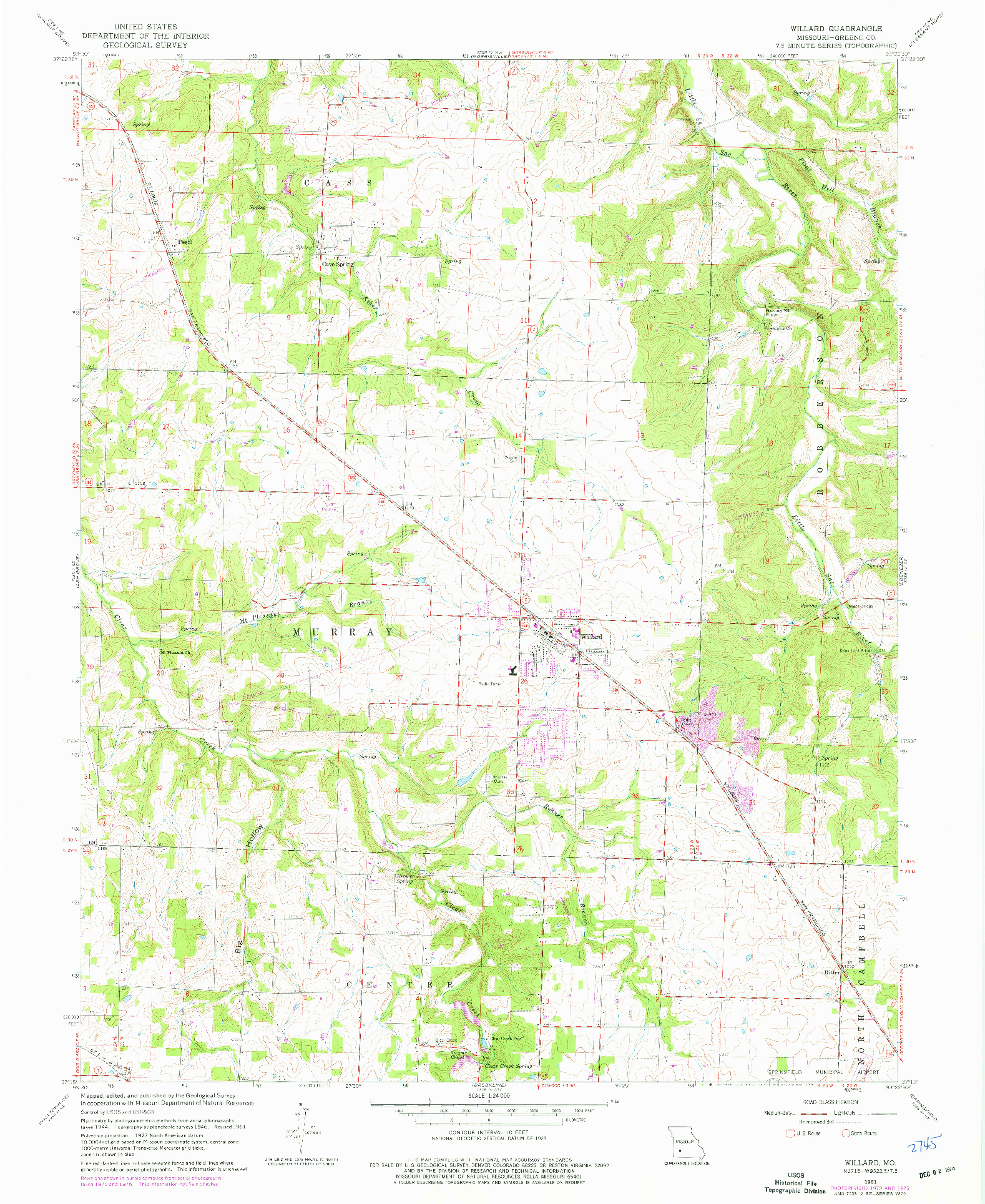 USGS 1:24000-SCALE QUADRANGLE FOR WILLARD, MO 1961