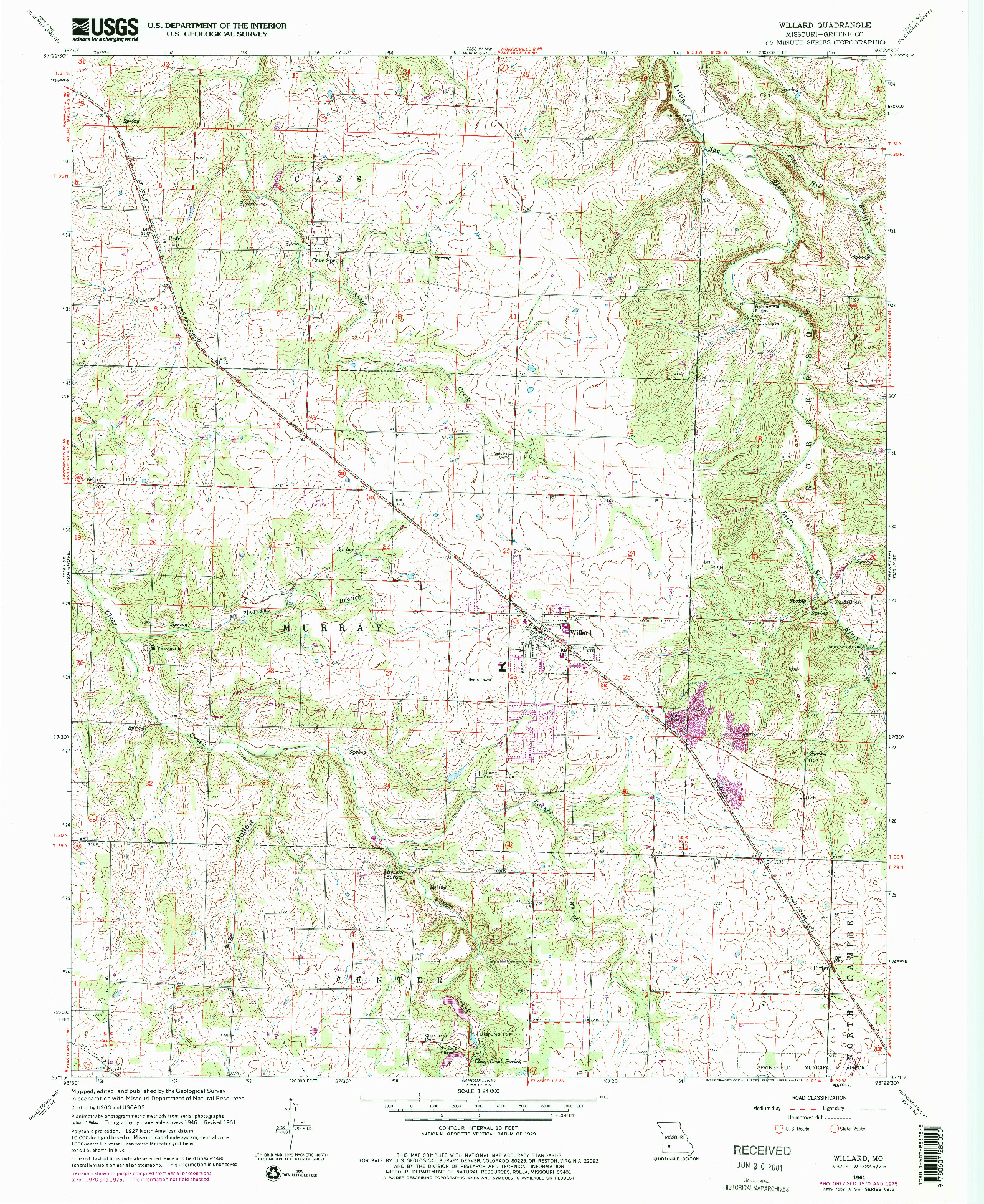 USGS 1:24000-SCALE QUADRANGLE FOR WILLARD, MO 1961