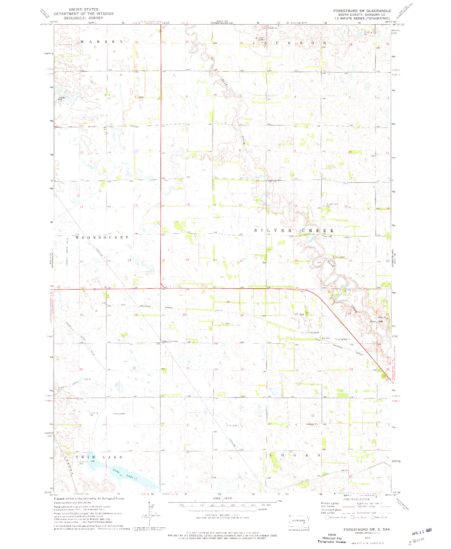 USGS 1:24000-SCALE QUADRANGLE FOR FORESTBURG SW, SD 1973