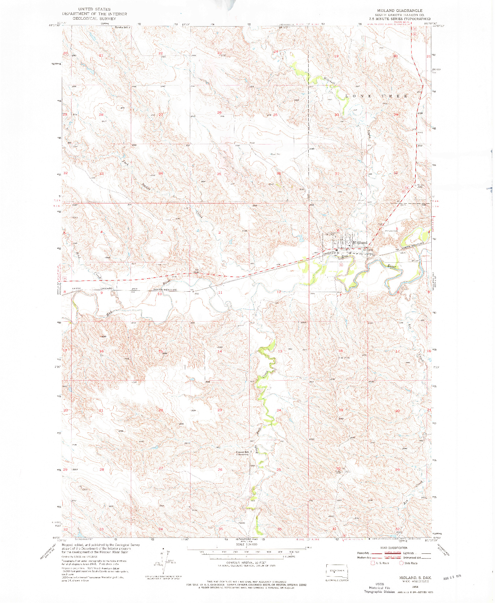 USGS 1:24000-SCALE QUADRANGLE FOR MIDLAND, SD 1954