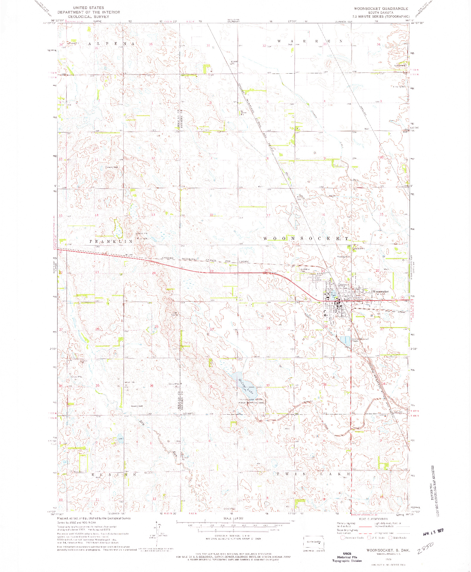 USGS 1:24000-SCALE QUADRANGLE FOR WOONSOCKET, SD 1973